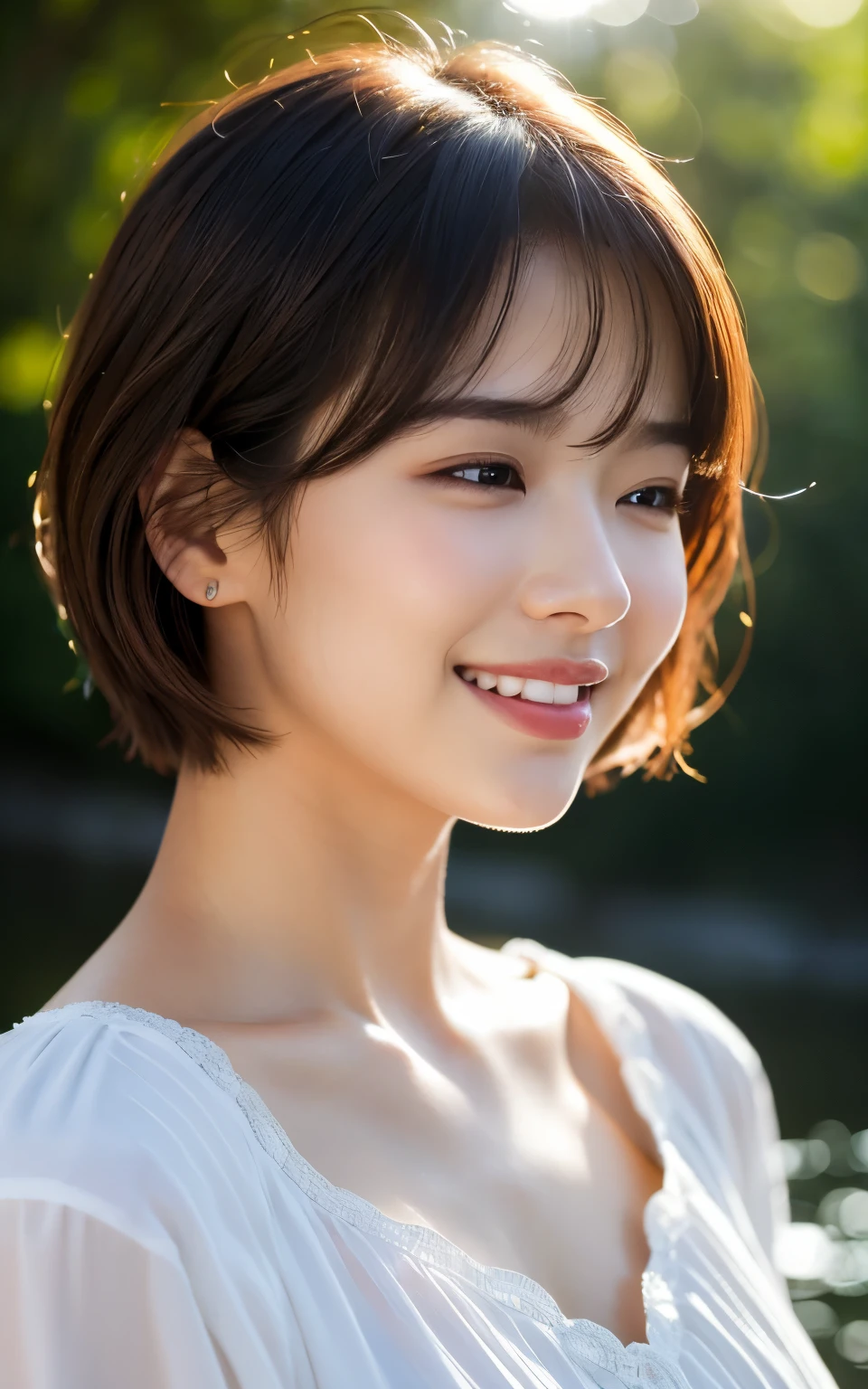 (Photorealistic:1.4), (Surreal:1.4), (Smooth lighting:1.05), 1 girl, Mouth closed, Laugh a little,  Pure beauty, 22 years ago, Soft lighting, Backlight, (Highest quality realistic skin texture), Narrow eyes, Very detailedな顔, Glowing Skin, retina, Anatomically correct, Acura, Very detailed, Rough skin, high quality, Advanced Details, 最high quality, High resolution,Morning forest with clear water flowing through it, Short hair swaying in the wind, bangs, blouse