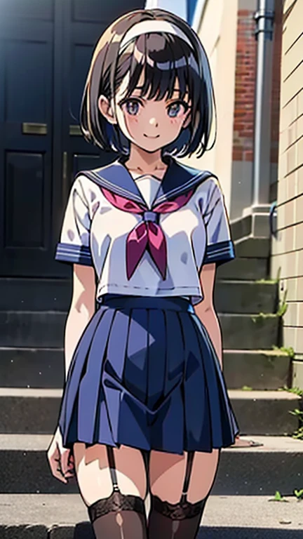 sailor uniform, sailor suit, one woman, (A beauty woman, Delicate high school girl:1.3), 8K, highest quality, masterpiece, Very detailed, Ultra-high resolution, Realistic, RAW Photos, Absolute Resolution, Black Hair, Bobcut, Small face compared to body, Very small face, Black Hair, Navy blue sailor suit, Navy Blue Skirt, High school girl in sailor suit, 2D Rendering of Anime, realistic young anime school girl, , ((White headband)), Small breasts, tall, Slanted Eyes, Purple Eyes, Black Stockings, garter belt, smile, Schoolyard, (Take the steps:1.3), Top-down position,