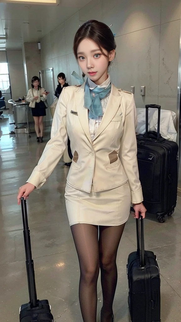 ((Incredibly stylish and beautiful)), ((really meticulous CG)), (realistic)、(intricate details:1.2)、(masterpiece、:1.3)、(top quality:1.4)、(Ultra A high resolution:1.2)、Ultra A high resolution, 8K resolution, Very detailed expression, studio soft light, vivid details, super detailing, complete anatomy, realistic skin texture, realistoc shading, (Highly detailed CG Unity 16k wallpaper), (High Quality), full body photo, 1 girl, (korean facial makeup : 1.4), beautiful: 1.3, laugh, ((crew cut, bun hair, flight attendant hair style)), perfect figure, femur, medium chest, Medium Body, Korean flight attendant, (Flight attendant uniforms),(Flight attendants in uniform), detail face, warm gaze, clear eyes, beautiful detailed eyes, small nose, small head, silk petit scarf, flesh-colored shiny pantyhose : 1.5, court shoes)), air terminal, airport lobby, luggage, walking, boarding an airplane, detailed background