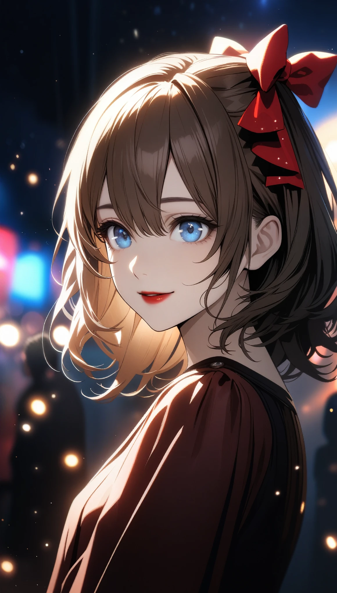 (Very delicate and beautiful: 1.2), One girl, bangs, blue eyes, Blur, Blur background, bow, Brown Hair, shut up, Side view, Hair between the eyes, hair bow, lanthanum, Particles of light, Long sleeve, Watch the audience, Medium Hair, night, red bow, alone, performer(symbol), Upper Body, smile, Red lips, 32k, best quality, ultra high res, HDR, UHD, extremely detailed CG, unity 32k wallpaper,