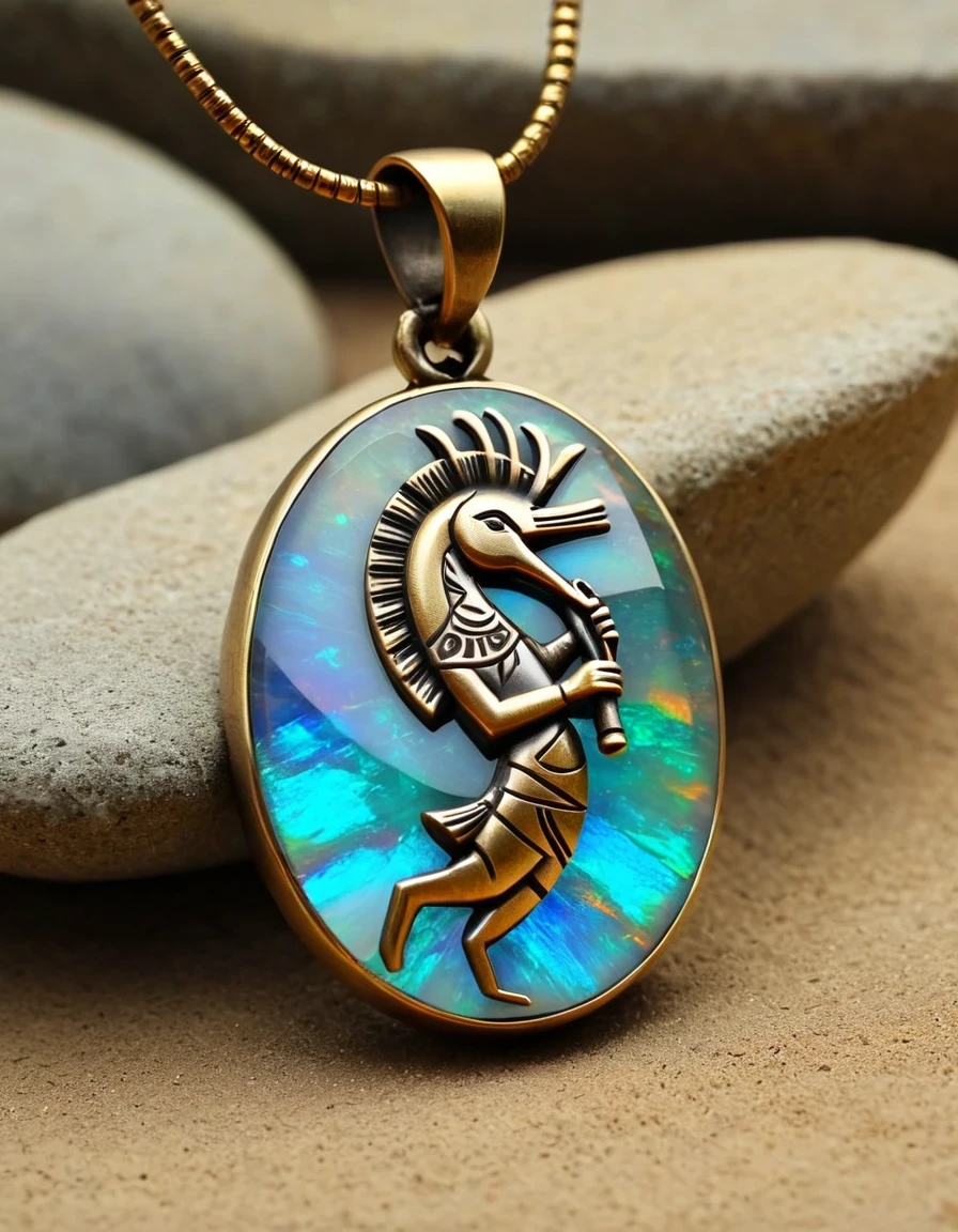 The minimalist pendant design of Kokopelli, the Indian rain god，Little man playing the flute，The main stone is an irregular opal，Indian elements，The matching stones are a small amount of money stone and turquoise，Clams，Money，gem，Retro，Old，Soft Light