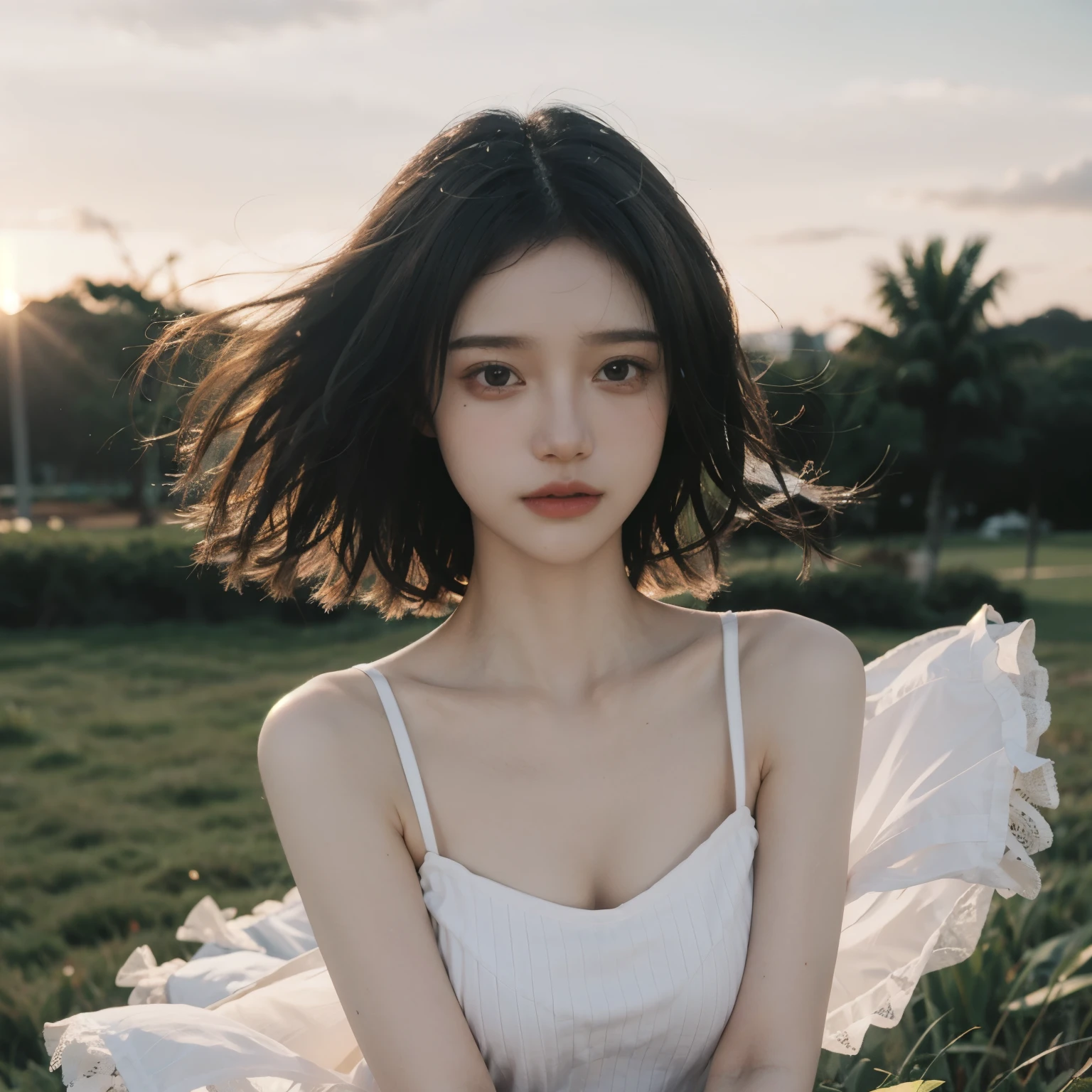 highest quality,masterpiece,Ultra-high resolution,Realistic,RAW Photos,unity 8k wallpaper, Panorama, Cinematic lighting,
On the grass, sunset, Dappled Sunshine, Golden Hour Lighting, Backlight, Blurred Background, (Lens flare), Wind, pastel colour, Soft Light,
1 Girl,Floating short hair, elegant, Upper Body,