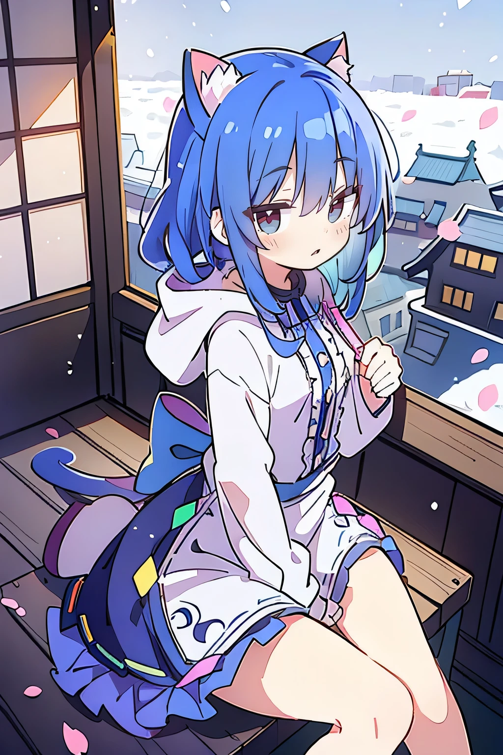 (masterpiece:1.2),Super detailed,lifelike,Expressive eyes,fair skin,perfect face shape,1 girl,
Japanese comics,Gorgeous blue hair,flowing blue hair,flowing clothes,Cat ears,Petals fall,beautiful lola,Baby Angel,
Shaking head with one hand,Cross your legs,Gentle and peaceful background,The pavilion is cool and comfortable,smile, wearing hoodie, background of tokyo,back views,snowing, winter.