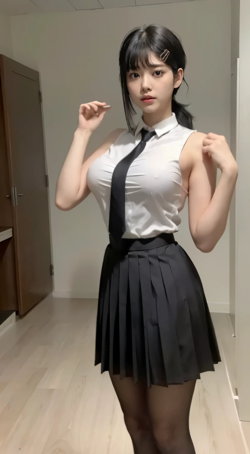 Highest quality、Ultra-high resolution、Professional Lighting、Detailed Background、In the classroom、full body,Kobeni-chan、A sloppy smile、25-year-old woman、beautiful girl、(Kobeni-chan、Jet black hair, Black Hair, bangs, One-sided hair,)、(Red Hair Clip:1.1)、(White sleeveless shirt:1.2)+(Black tie:1.2)+(Grey pleated skirt:1.2)、(Huge breasts that look like they might burst:1.2)、(Big thighs:1.1)、Troubled face、Confused Eyes、Raise your arms to show your sides、