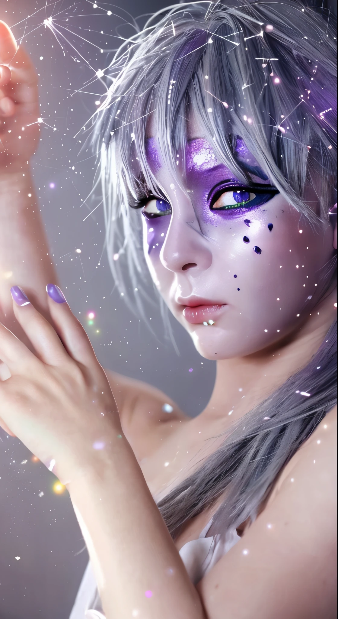 One girl, Gray Hair, Multicolored Hair, Purple eyes, Mask on head, Side light, Particles of light, wallpaper, Arm Up, sweating