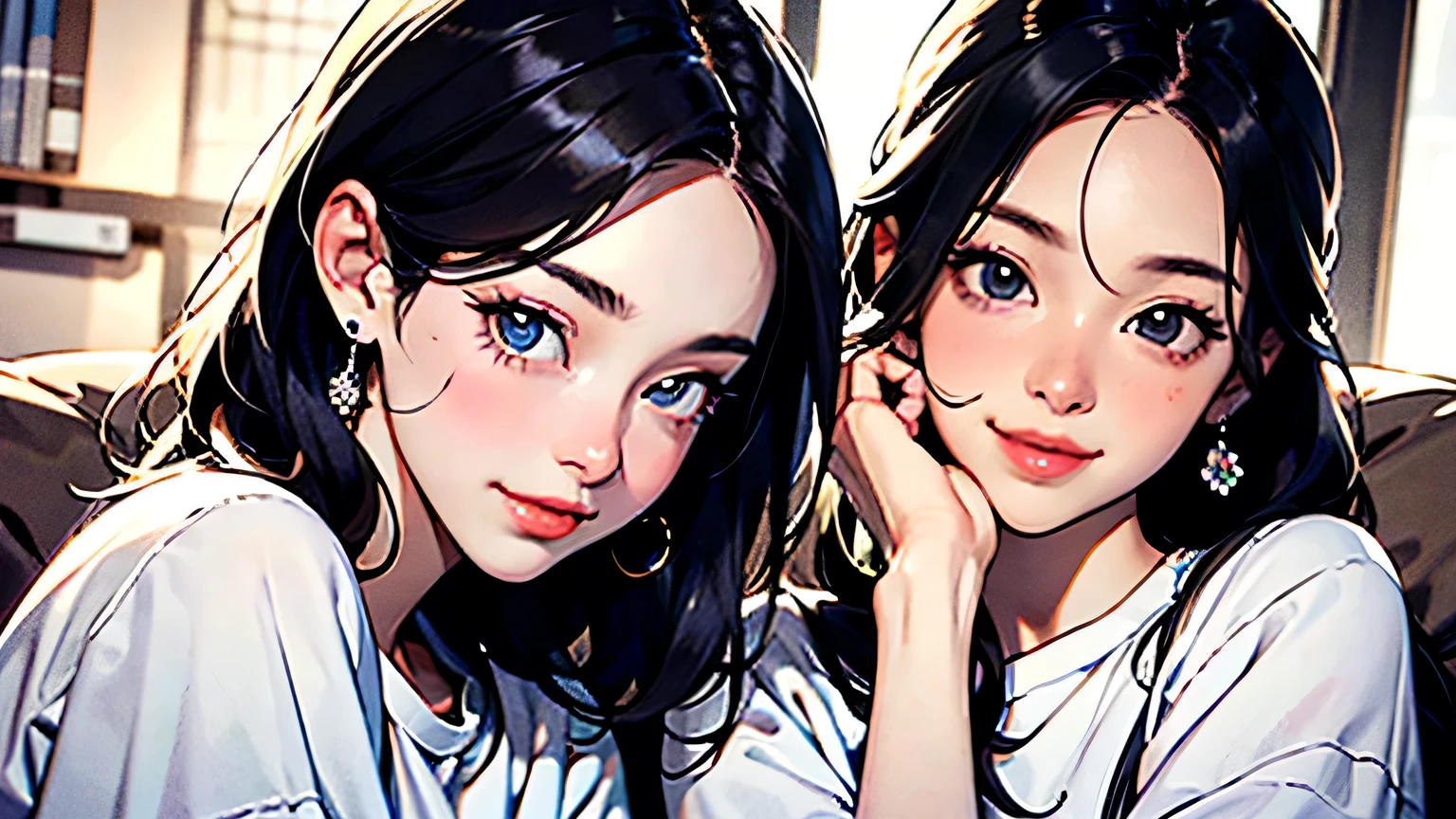 8k, highest quality, super high resolution, Japanese, 2 women, 21 years old: one woman with a short cut and one with a ponytail, holding a microphone, accurately drawn face, singing happily, fashion is T-shirt. Shirt (masterpiece), high resolution, detailed), (Photorealistic: 1.4), (Japanese famous actress: 1.2), very beautiful, cute, professional photo, very delicate and beautiful, very detailed, Very detailed beautiful girl, very detailed face, very detailed eyes, very detailed skin, very detailed fingers, very detailed nose, very detailed mouth, perfect anatomy, realistic Body, fair skin, shiny skin, slender body, good style, line of sight, smile, cute laughing face (black hair,, surreal) ), (illustration), (high resolution), (8k), (very (Details), (Best Illustration), (Beautiful Big Eyes), (Best Quality), (Super Detail), (Masterpiece) Two girls are sitting next to each other, each holding a microphone and singing karaoke. Both are very cute, two types, anatomically correct, perfect proportions, precise fingers, close and intertwined fingers, sitting on the sofa in the karaoke box, masterpiece, high quality,