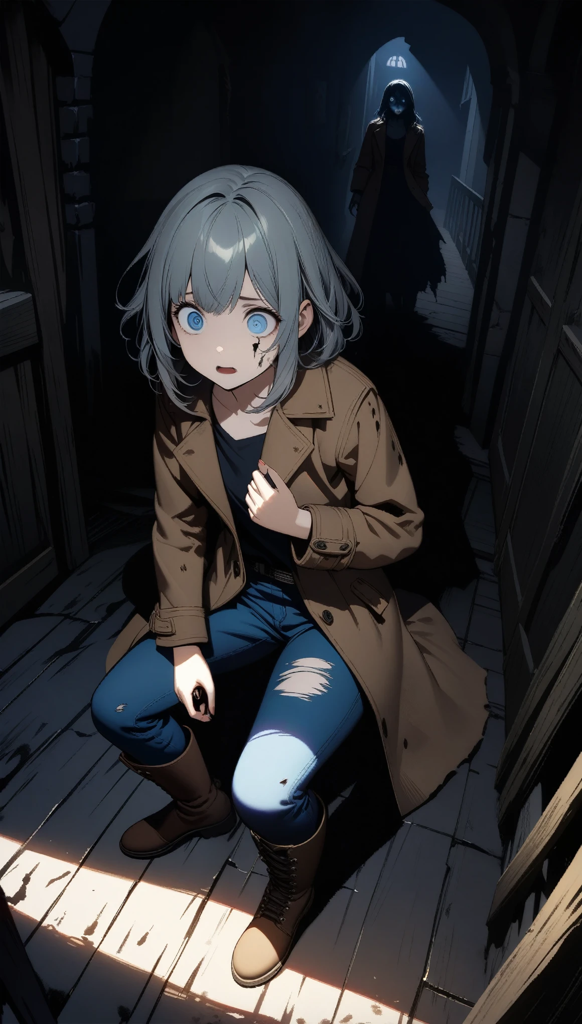 ((Suspense Scene ((Concept Art)), Highly detailed drawing of a girl in blue jeans, Brown coat and boots)), (Better lighting, Better Shadows, Very delicate and scary), (Digital Illustration), ((4K Painting)), [(Dynamic Angle,((One girl)),Gray Hair, (Beautiful Face, Perfect Face, Scared,) Expressions of fear, Torn clothes, Holding a gun in your hand, Sitting on the floor, darkness, Scary House),  [:(dark, Mysterious, Game Paint, An ominous setting, Jagged Hallway, Big House, Deathly Silence):], 32k, best quality, ultra high res, HDR, UHD, extremely detailed CG, unity 32k wallpaper, 
