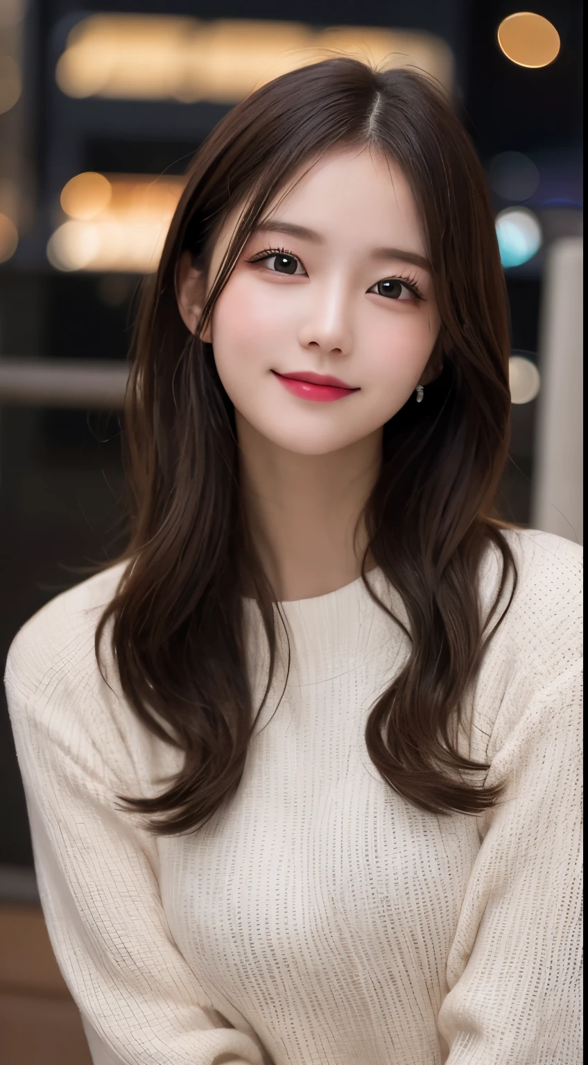 Tabletop, highest quality, shape, Very detailed, finely, High resolution, 8k wallpaper, 完璧なダイナミックな構shape, Beautiful and detailed,ランダムなcute髪,,Natural color lip, Bold sexy pose,smile、20-year-old girl、cute、Looking at the camera,Always blur the background,Perfect and beautiful face,Slim face and figure,Big eyes、Putting on gal makeup,Small face,Shooting from below、smile,Blurred Background,Elegant feminine face、Cyberpunk Fashion、smile、Night Sky、Big Moon