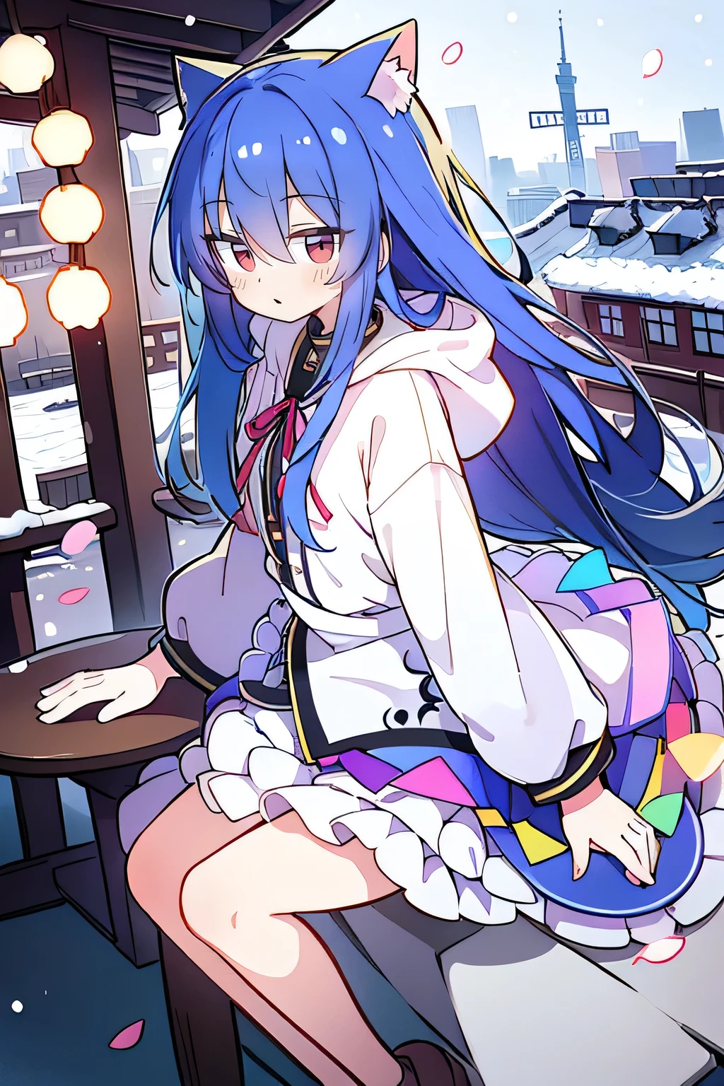 (masterpiece:1.2),Super detailed,lifelike,Expressive eyes,fair skin,perfect face shape,1 girl,
Japanese comics,Gorgeous blue hair,flowing blue hair,flowing clothes,Cat ears,Petals fall,beautiful lola,Baby Angel,
Shaking head with one hand,Cross your legs,Gentle and peaceful background,The pavilion is cool and comfortable,smile, wearing hoodie, background of tokyo,back views,snowing, winter.