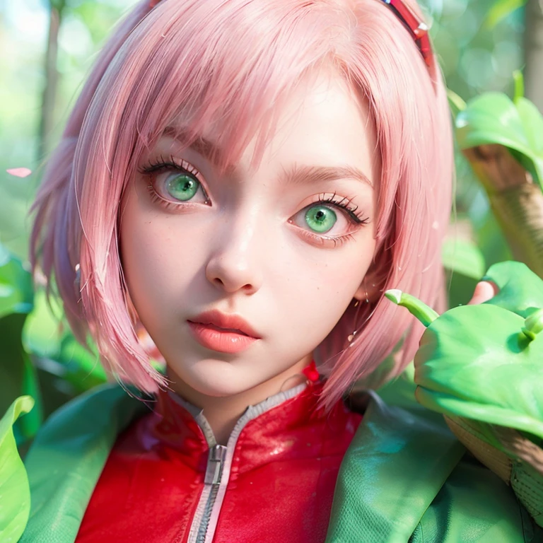 young woman, short shoulder-length pink hair, wide forehead, porcelain skin, pink eyebrows, big emerald green eyes, buttoned nose, full lips, heart-shaped face, slender body, small breasts, red tank top, Sakura Haruno , realistic, realism, details, 3d, well detailed
