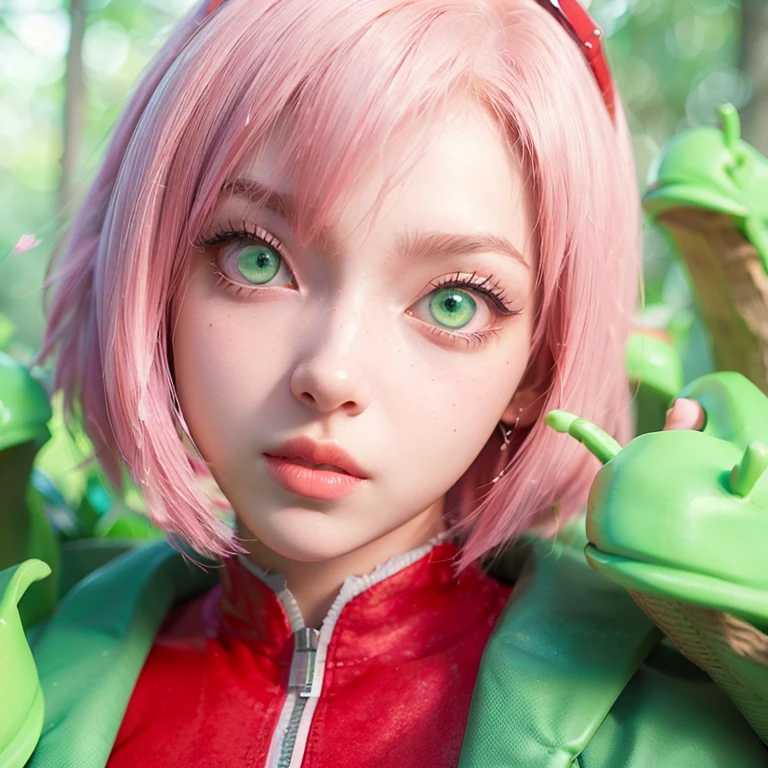 young woman, short shoulder-length pink hair, wide forehead, porcelain skin, pink eyebrows, big emerald green eyes, buttoned nose, full lips, heart-shaped face, slender body, small breasts, red tank top, Sakura Haruno , realistic, realism, details, 3d, well detailed
