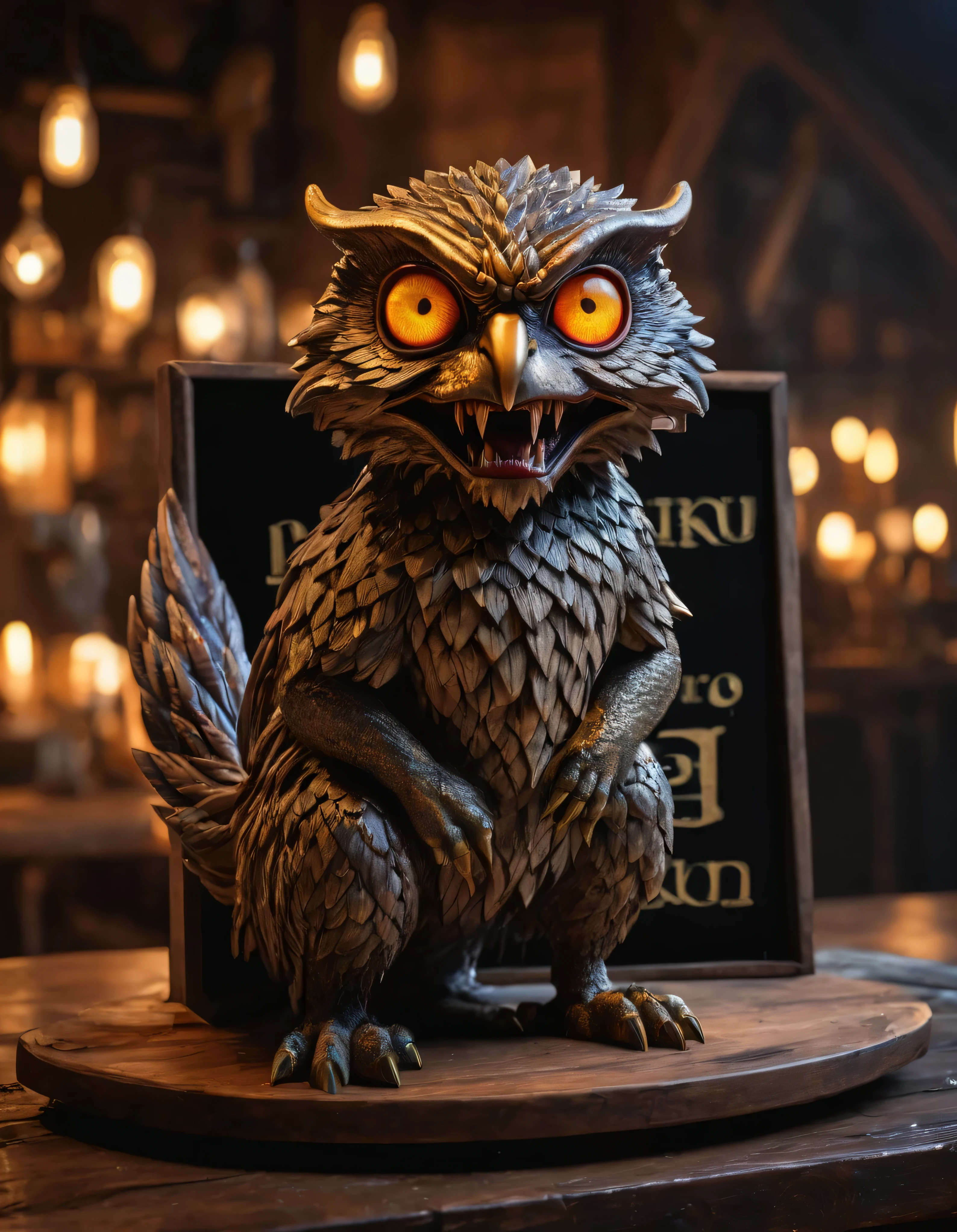 (best quality,4k,8k,highres,masterpiece:1.2),ultra-detailed,(realistic,photorealistic,photo-realistic:1.37),HDR,UHD,studio lighting,ultra-fine painting,sharp focus,physically-based rendering,extreme detail description,professional,vivid colors,bokeh,creepy. A mythical animal standing infront of a big "300" letter board. The animal have glowing eyes, with detailed body parts. The animal is looking and showing the "300" letter sign board.