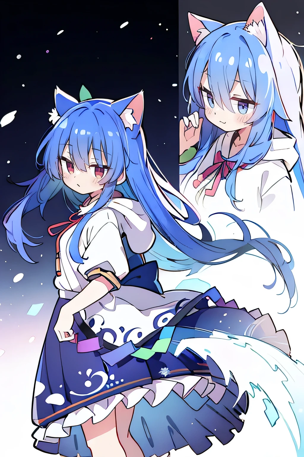 (masterpiece:1.2),Super detailed,lifelike,Expressive eyes,fair skin,perfect face shape,1 girl,
Japanese comics,Gorgeous blue hair,flowing blue hair,flowing clothes,Cat ears,Petals fall,beautiful lola,Baby Angel,
Shaking head with one hand,Cross your legs,Gentle and peaceful background,The pavilion is cool and comfortable,smile, wearing hoodie, background of tokyo,back views,snowing, winter.