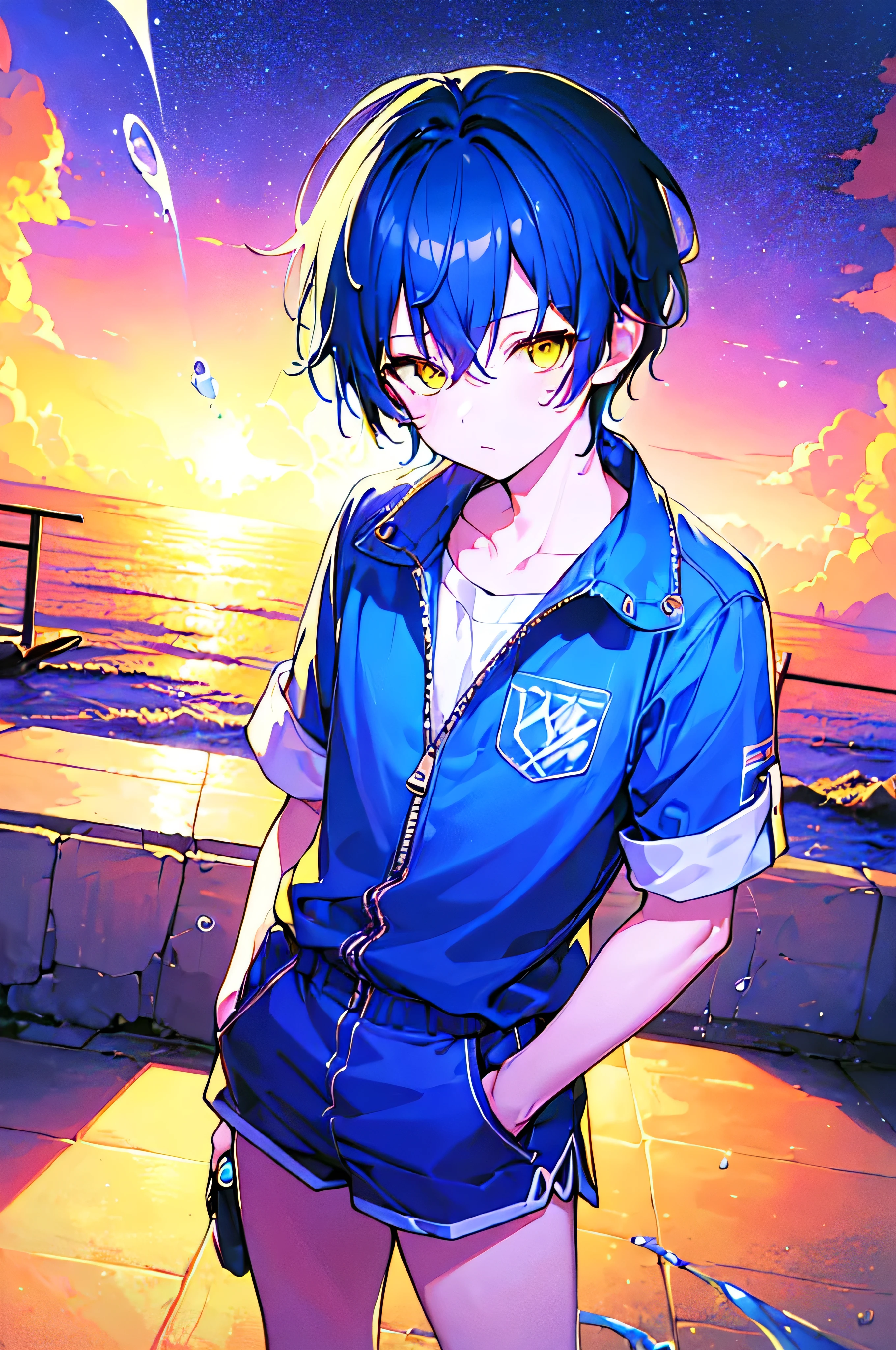 [(GALAXY BACKGROUND:1.5),::5], ((((masterpiece)))), high quality, very_high_resolution, large_filesize, full color, ((younger boy)), 13 old year, short deepblue hair, vivid color, ((yellow eye)), civilian clothes white, animestyle, (NeonSoda Splash effect:1.3)