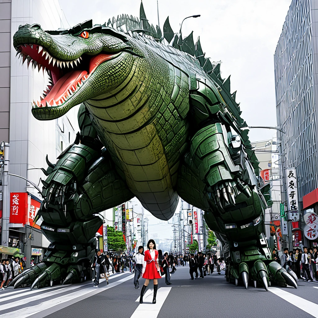 A giant crocodile robot attacks Ultra-Woman in downtown Tokyo, epic kaiju battle