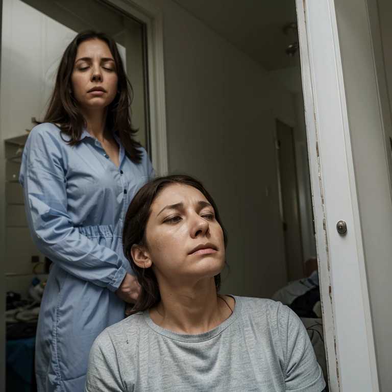 An exhausted caregiver stares out a window, watching as his mother's spirits plummet due to circumstances beyond his control. His weariness and frustration are palpable as he shoulders the responsibility of caring for her while feeling helpless against the forces causing her distress.
