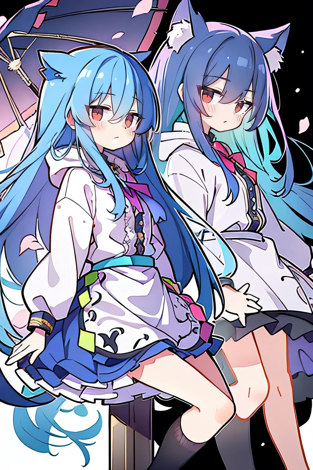(masterpiece:1.2),Super detailed,lifelike,Expressive eyes,fair skin,perfect face shape,1 girl,
Japanese comics,Gorgeous blue hair,flowing blue hair,flowing clothes,Cat ears,Petals fall,beautiful lola,Baby Angel,
Shaking head with one hand,Cross your legs,Gentle and peaceful background,The pavilion is cool and comfortable,smile, wearing hoodie, background of tokyo,back views,snowing, winter.