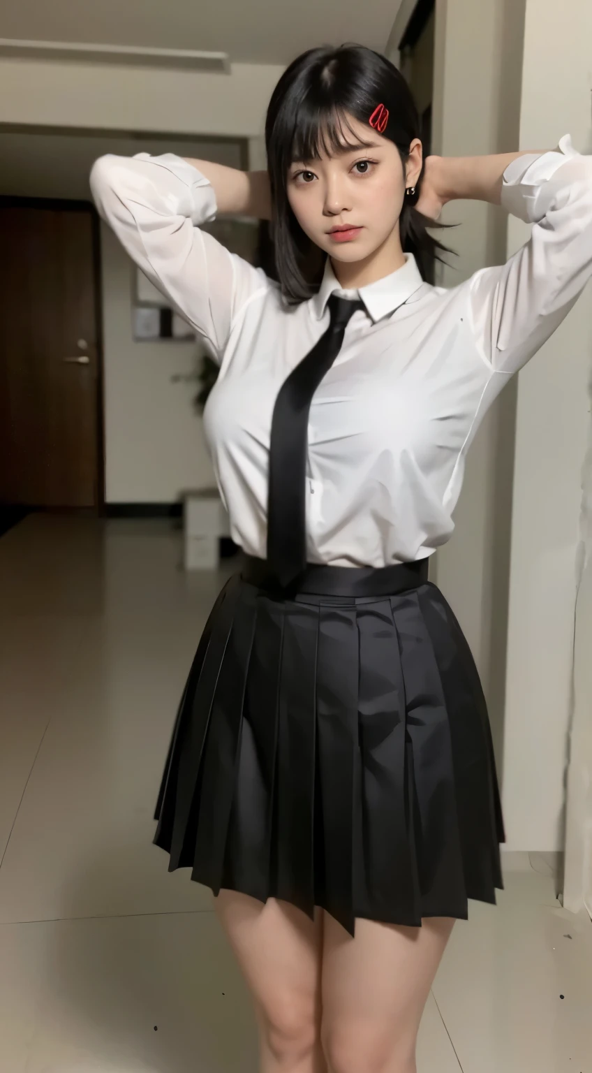 Highest quality、Ultra-high resolution、Professional Lighting、Detailed Background、In the classroom、full body,Kobeni-chan、A sloppy smile、25-year-old woman、beautiful girl、(Kobeni-chan、Jet black hair, Black Hair, bangs, One-sided hair,)、(Red Hair Clip:1.1)、(White sleeveless shirt:1.2)+(Black tie:1.2)+(Grey pleated skirt:1.2)、(Huge breasts that look like they might burst:1.2)、(Big thighs:1.1)、Troubled face、Confused Eyes、Raise your arms to show your sides、