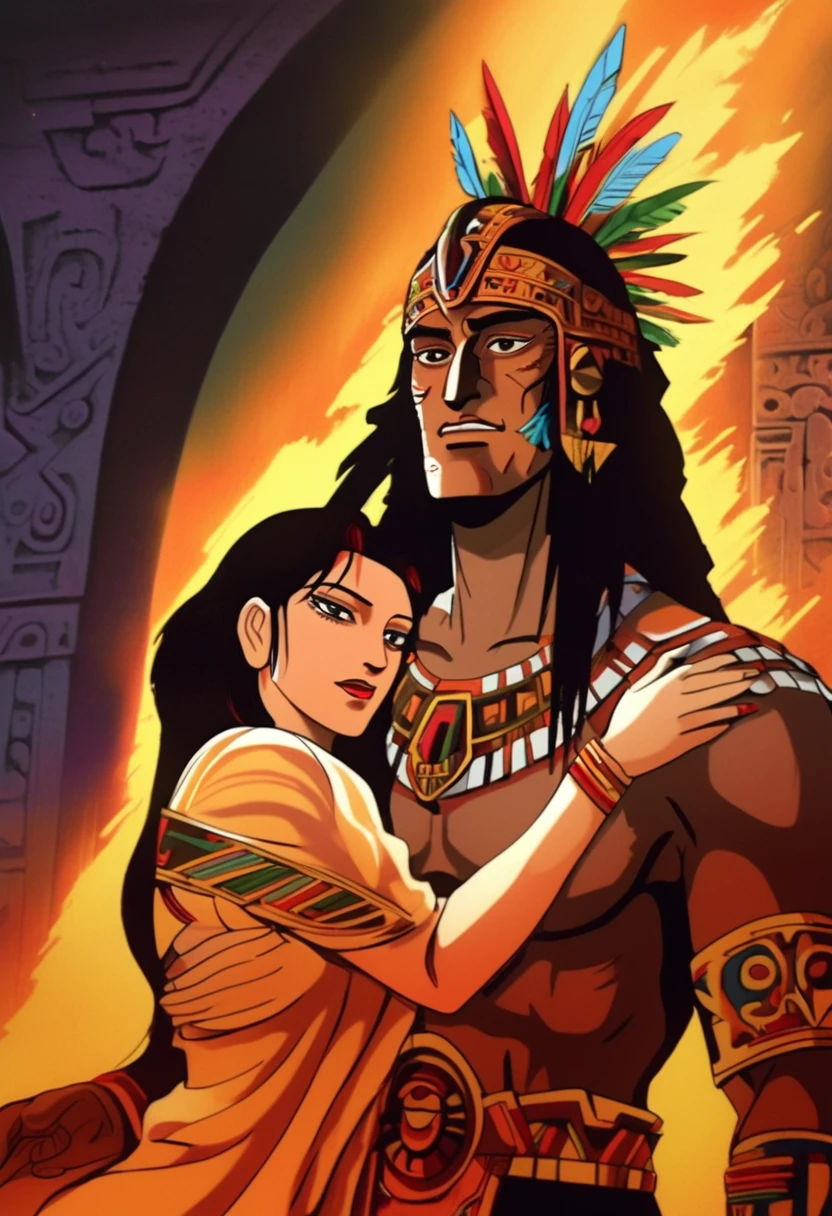 (anime)two lovers of ancient aztec mexico, (intricate,very detailed) a male warrior-noble and beautiful maiden, (Aztec Empire) dressed in traditional Aztec attire, (vivid colors) with vibrant hues of red, gold, and blue, (sharp focus) sharply focused on their passionate embrace, (detailed eyes, detailed lips) showcasing their intense and longing gazes, (detailed patterns) adorned with intricate patterns and symbols representing their rich culture, (landscape) set against a breathtaking Aztec landscape with towering pyramids and lush greenery, (warm lighting) bathed in warm, golden sunlight, (best quality, realistic) creating a realistic and immersive portrayal, (romantic atmosphere) evoking a sense of romance and love, (emotional connection) expressing a deep emotional connection between the two lovers, (historical context) capturing the essence of ancient Aztec Mexico in a mesmerizing and authentic way.