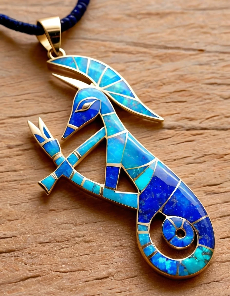 Minimalist pendant design，Kokopelli, the flute-playing rain god, has an opal body，Indian totem rain god Kokopelli，Indian elements，The matching stones are small amounts of lapis lazuli and turquoise，White Giant Clam，gem，Retro，Old，Soft Light