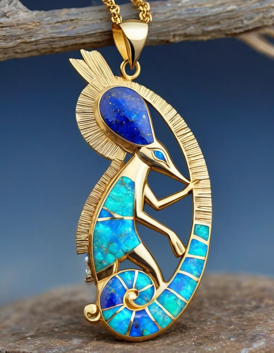 Minimalist pendant design，Kokopelli, the flute-playing rain god, has an opal body，Indian totem rain god Kokopelli，Indian elements，The matching stones are small amounts of lapis lazuli and turquoise，White Giant Clam，gem，Retro，Old，Soft Light