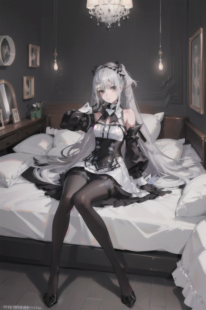 (((1 girl)),ray tracing,(dim lighting),[detailed background (bedroom)),((silver hair)),((silver hair)),(Fluffy silver hair, plump slender girl)) with high ponytail)))) Avoid blonde eyes in the ominous bedroom ((((Girl wears intricately embroidered black high-waisted pants with pantyhose) and white ruffled bow gloves), showing a delicate slim figure and graceful curves, correct limbs, sitting on the bed