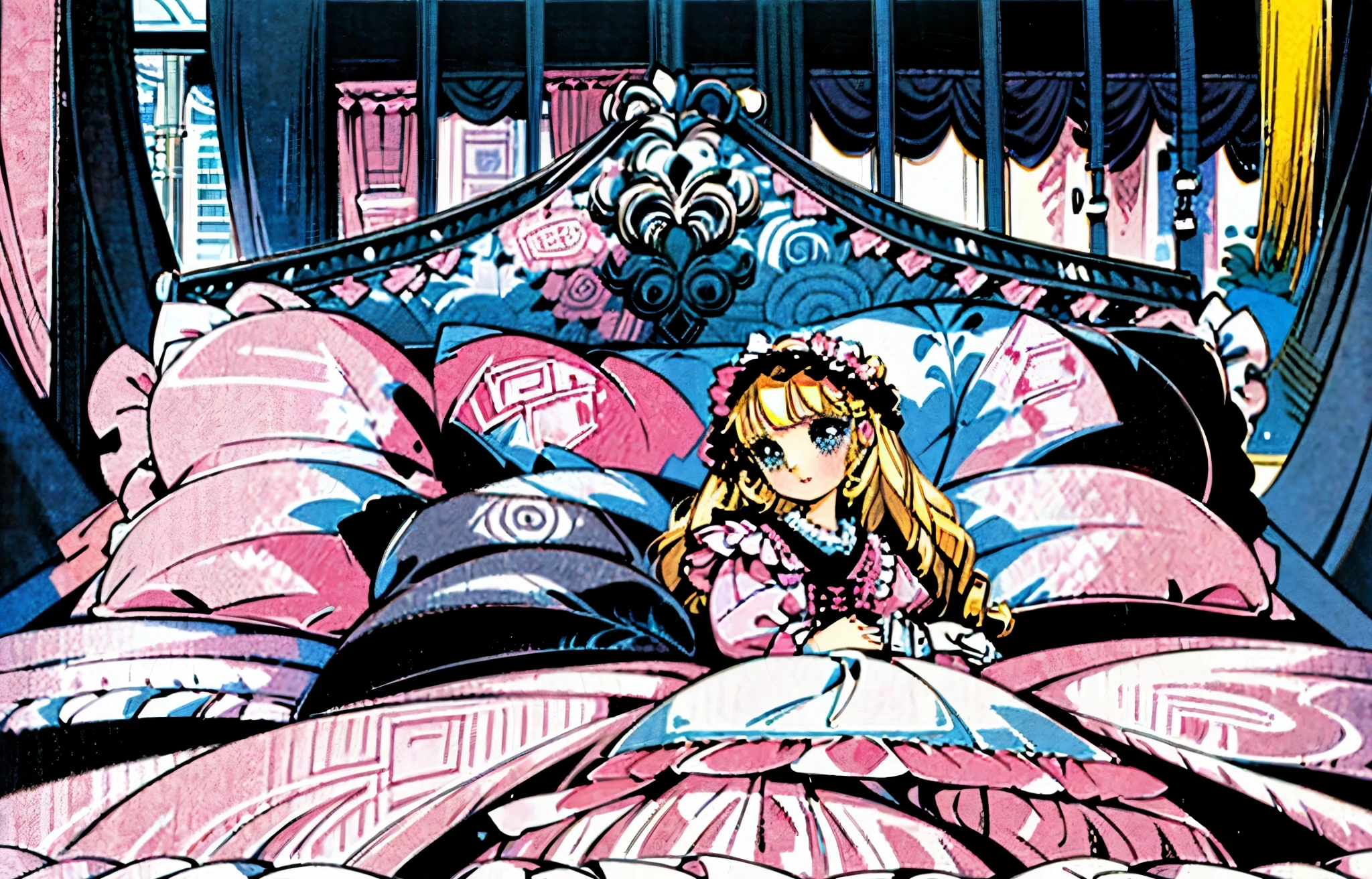 ,highest quality, masterpiece, Highest Resolution, artwork, super それにGet used to it, many Get used to it, Get used to it, それにGet used to it, ,(( girl)),Super detailed baby face,hty small face,Long blonde hair,blue eyes,白い肌のEuropean,pajamas, European,Curly Hair,blue eyes,((((ピンクのロリータファッションのLong skirtのワンピースドレス)))),((フリルとリボンがたっぷりついたピンクと黒のの可愛らしいpajamas)),((A gorgeous pink and black headdress with frills and ribbons)),Detailed headdress,,(((Large yoke collar))),Yoke collar with ruffles and bow,((((Long sleeve)))),Ruffle sleeves,((((Long skirt)))),Pink and black pillow with big ruffles and ribbons,(((Nice pink outfit))),豪華なCanopy bedの上,Canopy bed,The bed is surrounded by luxurious curtains.,There are lots of pink and black frilly pillows on the bed,Behind the girl are a number of pink and black frilly pillows...,Highly detailed background,Detailed bed,Soft pink and black comforter,Very fine soft frilly pillow,Beautiful girl illustration,Beautiful face in every detail,Thinning hair,Detailed eyes ,Detailed eyess,Mouth details, Arm details,Beautiful Hands,Detailed pillow,Large bed,Illustration on the bed, ,((((Round futon)))),((((A large pink and black ruffled quilt covers the entire bed.)))),Detailed comforter,Detailed bedシーツ,Before bedtime,Romantic atmosphere,Palace Bedroom,((((The lower half of the body is hidden under a large blanket.....)))) The girl is leaning against a pile of pillows, ,((((Round futon)))),((((A large pink and black ruffled quilt covers the entire bed.)))),