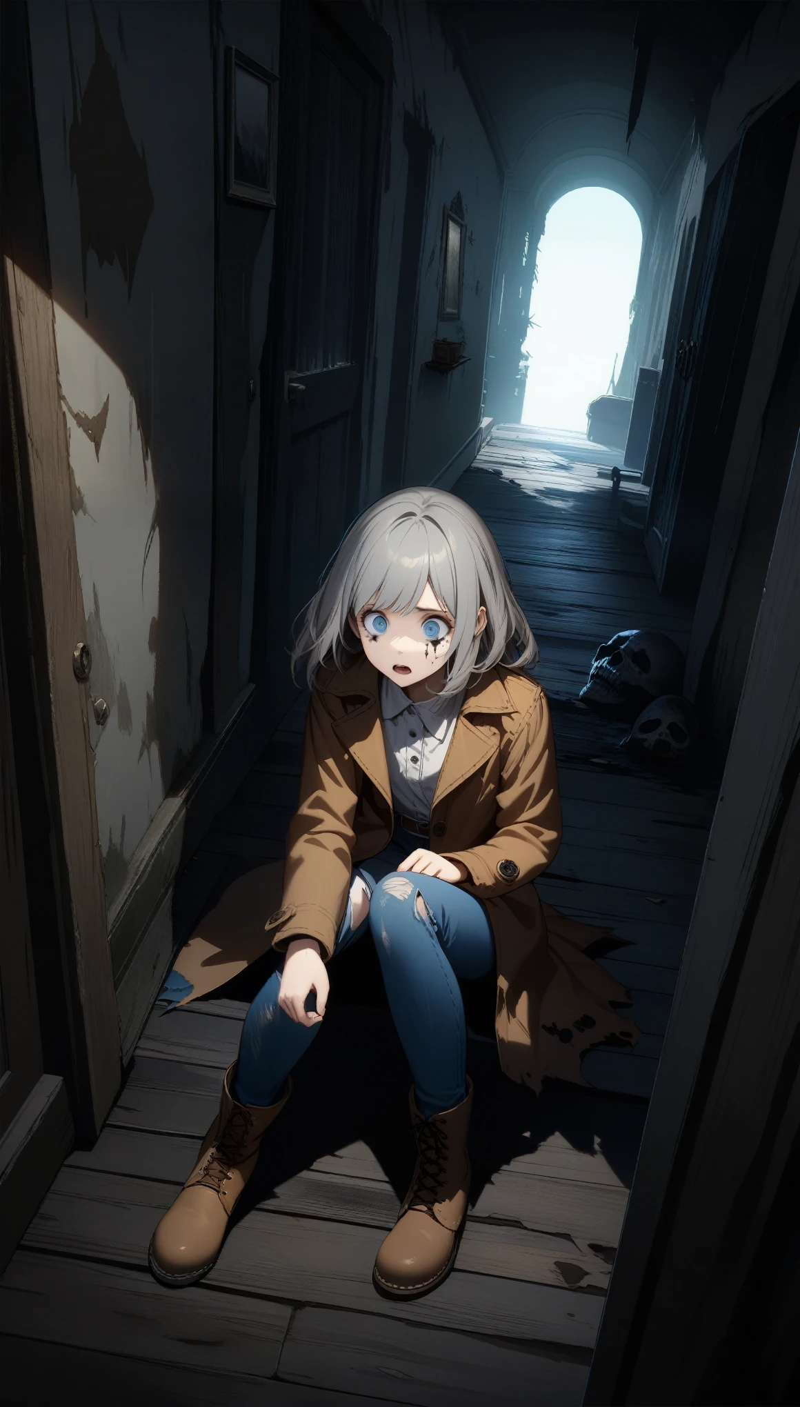 ((Suspense Scene ((Concept Art)), Highly detailed drawing of a girl in blue jeans, Brown coat and boots)), (Better lighting, Better Shadows, Very delicate and scary), (Digital Illustration), ((4K Painting)), [(Dynamic Angle,((One girl)),Gray Hair, (Beautiful Face, Perfect Face, Scared,) Expressions of fear, Torn clothes, Holding a gun in your hand, Sitting on the floor, darkness, Scary House),  [:(dark, Mysterious, Game Paint, An ominous setting, Jagged Hallway, Big House, Deathly Silence):], 32k, best quality, ultra high res, HDR, UHD, extremely detailed CG, unity 32k wallpaper, 