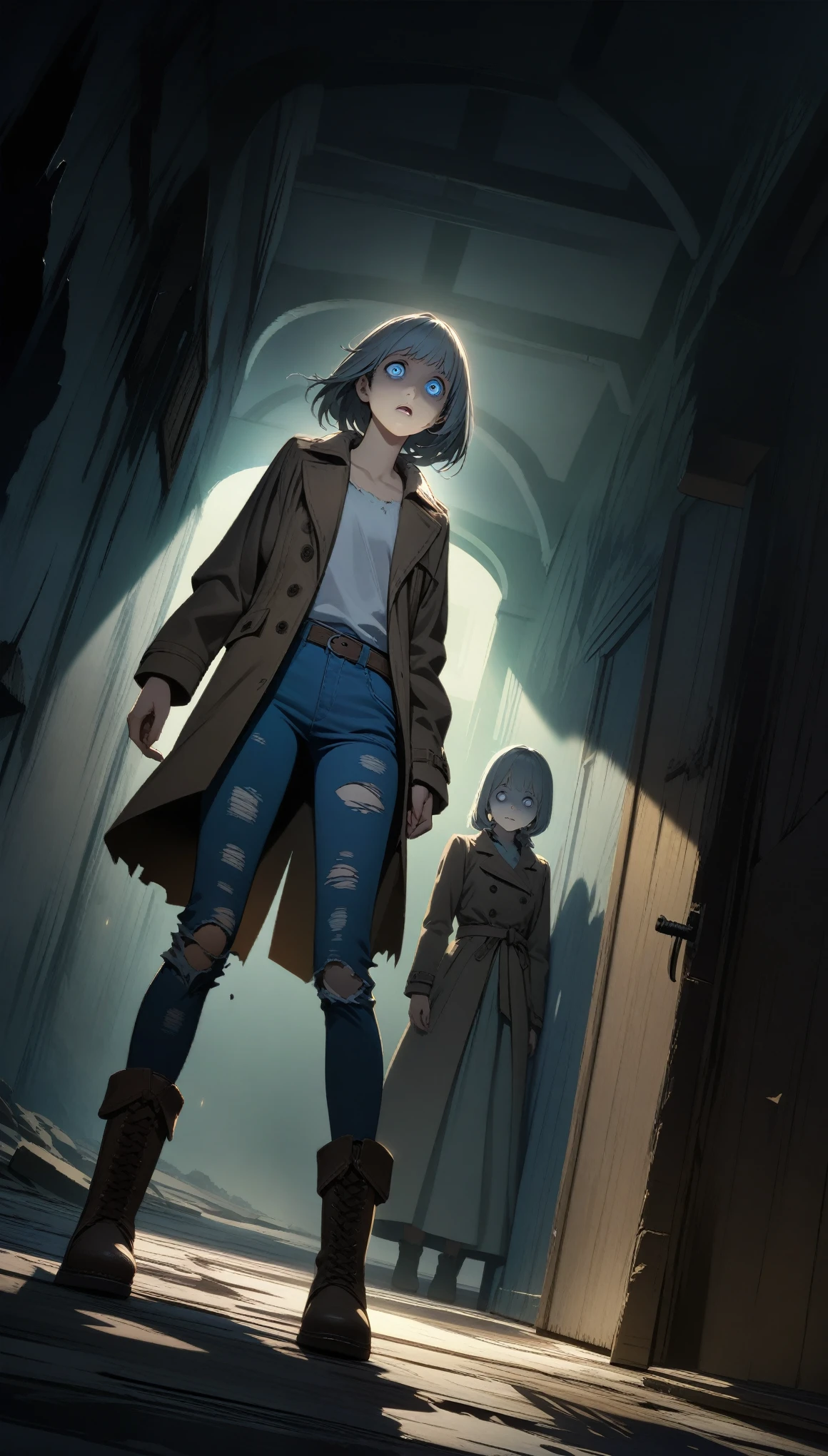 ((Suspense Scene ((Concept Art)), Highly detailed drawing of a girl in blue jeans, Brown coat and boots)), (Better lighting, Better Shadows, Very delicate and scary), (Digital Illustration), ((4K Painting)), [(Dynamic Angle,((One girl)),Gray Hair, (Beautiful Face, Perfect Face, Scared,) Expressions of fear, Torn clothes, Holding a gun in your hand, Sitting on the floor, darkness, Scary House),  [:(dark, Mysterious, Game Paint, An ominous setting, Jagged Hallway, Big House, Deathly Silence):], 32k, best quality, ultra high res, HDR, UHD, extremely detailed CG, unity 32k wallpaper, 