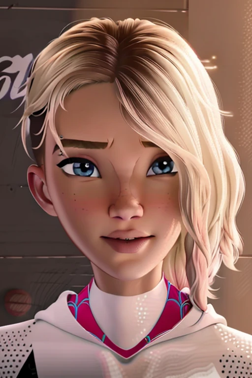 Portrait Photography, A highly detailed close-up of gwen stacy, with prominent, bright eyes that sparkle with sharpness and contrast against a subtle background, Her skin is flawlessly smooth, An award-winning capture that accentuates her eye color vividly, Use an 85mm lens with ISO 400 for a pinpoint focus on her distinct facial characteristics, Time value set at 1/500 and focal aperture at f/1. 8 to bring her eyes and hair into striking relief with a narrow depth of field, aiming for a very realistic and high-resolution image