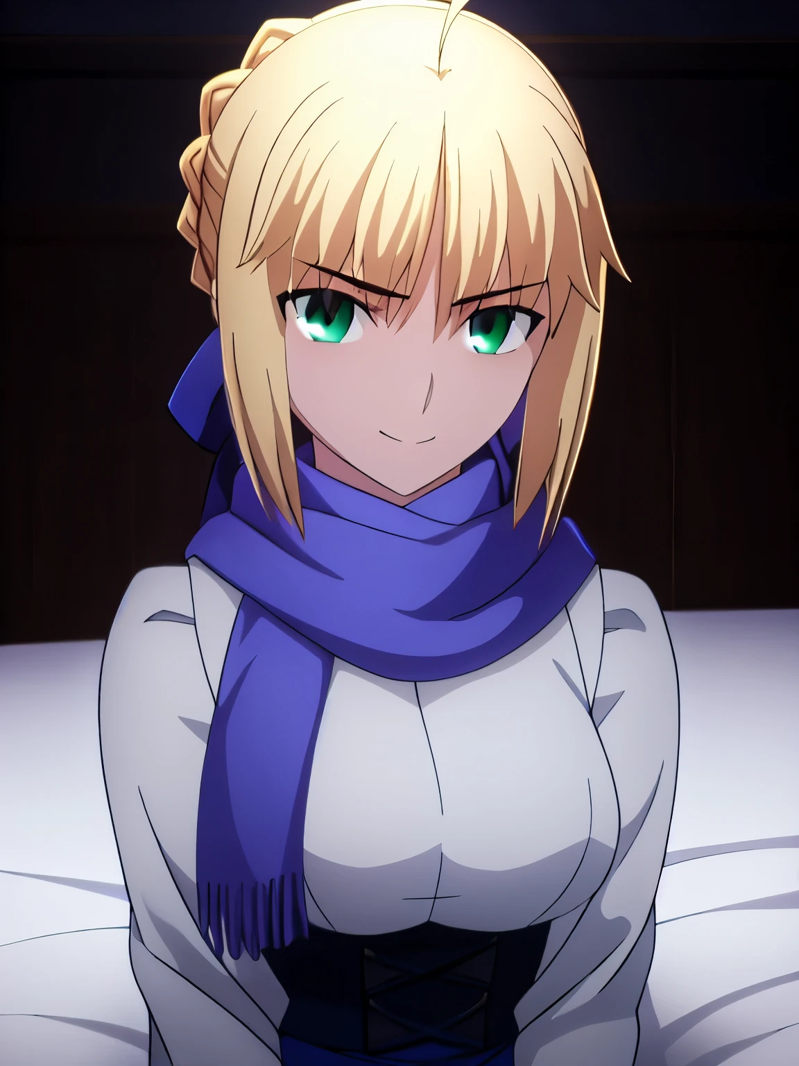 best quality, masterpiece, highres, detailed, detailed_background, ray_tracing_graphic, solo, adult_female, {saber_fatestaynightufotable:1.15}, French_braid, blonde_hair, little_ahoge, detailed_green_eyes, blue_ribbon, 1girl, anime_coloring, upper_body, kuudere_face, little_smile, five_fingers, blush, large_breasts, detailed_white_sweater, blue_scarf, blue_skirt, from_the_front, sit, bed, room, looking_at_viewer, oily_face, detailed_skin, detailed_face