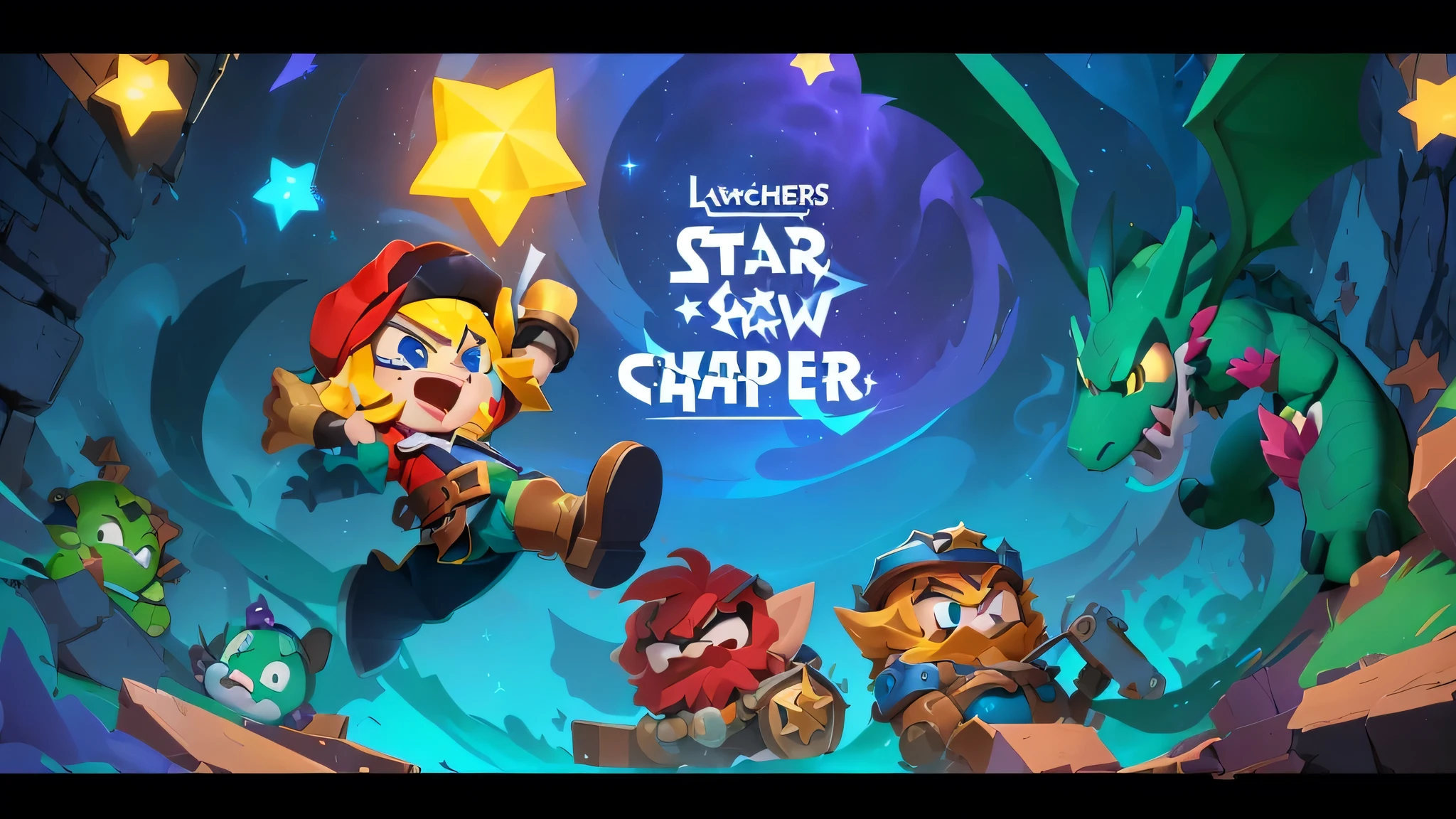 a close up of a cartoon character with a Star on his head, splash art brawlStars, Star, Side-scrolling games, Star sharpness, Key Art, strict, screenshot, The cover of a new video game, Star ships, Star hatcheries, close up!!!!!!, Splash Art, Propaganda Art, brawl Stars, trailer, Stars, A ，Two dwarfs，Star，Starry Sky，Green dragon，brick，Grass