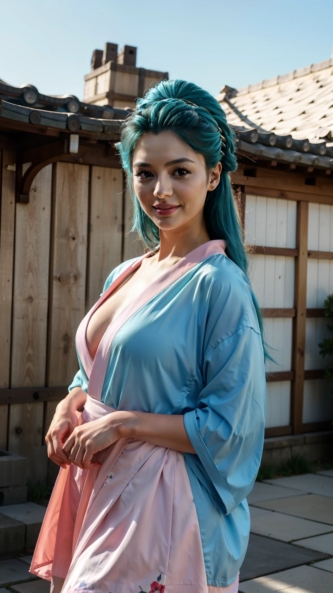 KozukiHiyori, ((masterpiece:1.4, best quality)), ((masterpiece, best quality)), (photo realistic:1.4), medium breasts, Japanese actress, big black eyes, cute, young, smiling, (aqua hair ), hair flower, pink kimono, makeup, kimono, lipstick, blue eyes, long hair, hair stick, kanzashi, castle, cityscape, blue sky, professional lighting, physically-based rendering