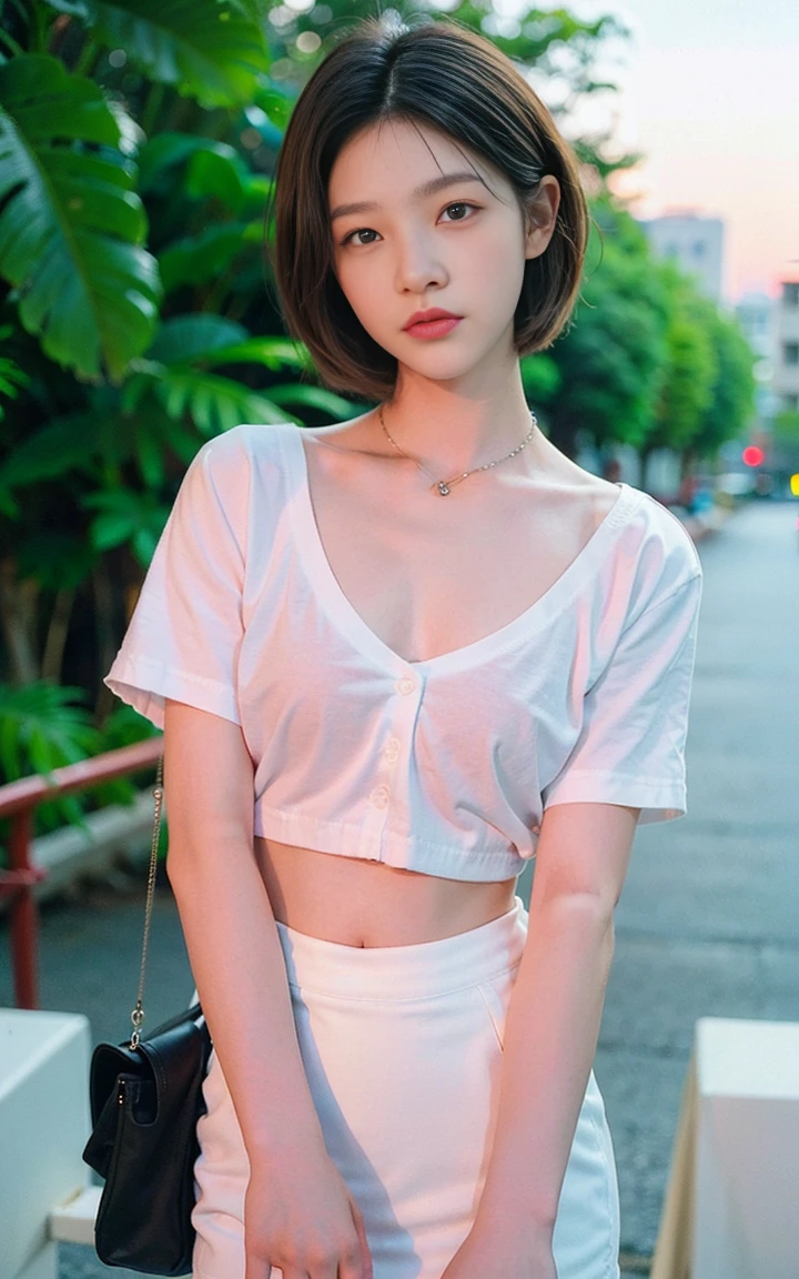 ((top-quality、8K、masterpiece: 1.3))、Perfect Body Beauty: 1.4、Slender Abs: 1.2、Beautiful woman with slender abs:1.3、(Highlight Haircuts、Breast A Cup:1.2), small breast, round shape breast, perfect shape breast, ((( black silk pencil skirt, white shirt, opened shirt , black bra))), pubic hair,hight pubic bone, simple necklace, hyperdetailed face、18year old、 Pretty women、(Dark brown short-cut hair), Slim Face、Highly detailed facial and skin texture、very detailed lips、opens legs、top-quality、masterpiece、超A high resolution、(Photorealsitic:1.4), walked forward confidently, spreading her arms, long shot , (outdoor), bright background, sunset light,