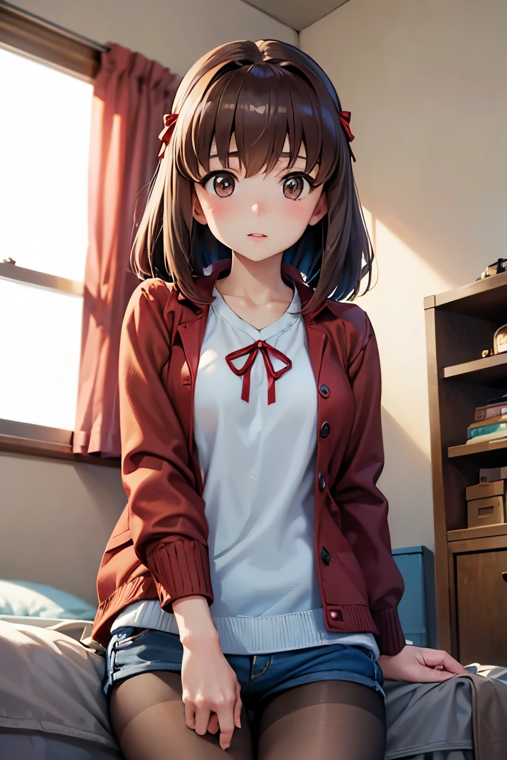 Taeko Kondo、Girls&Panzer、Brown Hair、Short Hair、((pantyhose))、Photo from below、Medium chest、Bedroom、(Denim hot pants)、Red ribbon、Knitted outerwear