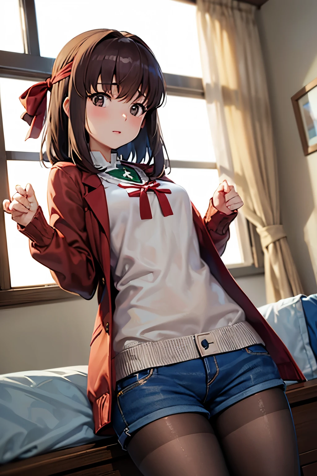 Taeko Kondo、Girls&Panzer、Brown Hair、Short Hair、((pantyhose))、Photo from below、Medium chest、Bedroom、(Denim hot pants)、Red ribbon、Knitted outerwear