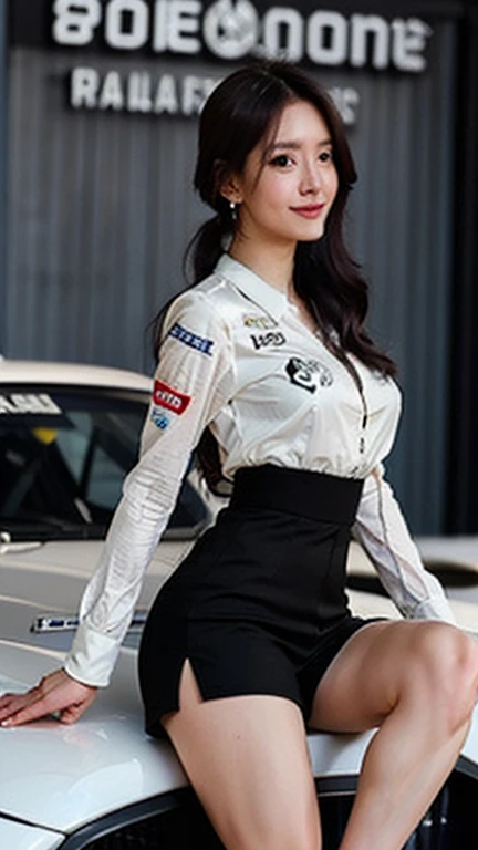 (High resolution 8K),( highest quality), Very detailed, (masterpiece), Realistic, Very detailedなかわいい女の子,( Age 25), (From the whole body to the toes:1.2),(Shooting from the side:1.2),(sitting on the hood of a car),(Race Queen),(Natural pose),(Hair tying pose),(Big Breasts),(Big Ass),(Smiling at the camera),( Smiling while looking at the camera ),(Full Body Shot:1.2) ,((Side shot 1.2)),(ponytail),(photoRealistic:1.3),((Wear a sponsored grid girl costume,Logo is printed)), ((Logo Print Shorts)),(Participate in a motorsport race), (Look at me and smile),