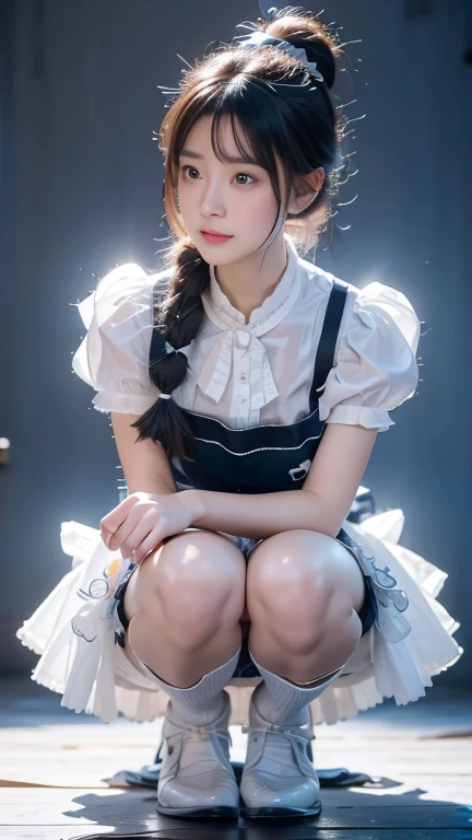 top quality, masterpiece, Ultra-high resolution, (Reality: 1.4), original photo, 1 girl, British Maid, Ruffled maid headband, Ponytail, Braided Hair, Ruffled shirt, Ribbon Tie, apron, Long skirt, Puff sleeves, White silk ruffled socks, glowing skin, No gray background, Flowers, Squat