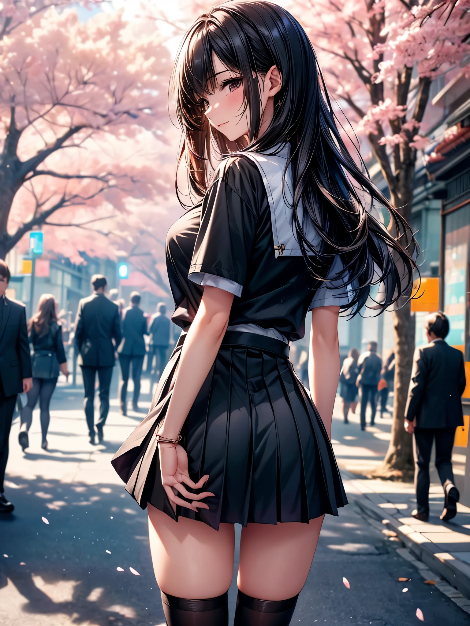 ((Ultra-delicate)), ((Ultra-detail)),(Be focused), (high resolution), Deformed depth of field blurred background, (Detailed background), Perfect layer cut, (full-body shot), rear View, a girl, one person, ((Japanese student)), slim figure, smooth skin, black long hair, slim legs, beautiful fingers, School uniform, white shirt, Black pleated student skirt, dark stockings, Dark student shoes, Background japan city, on street, outdoor , spring, morning, Cherry blossoms, flying Cherry blossoms, CG unity, 8k, Octane Render,