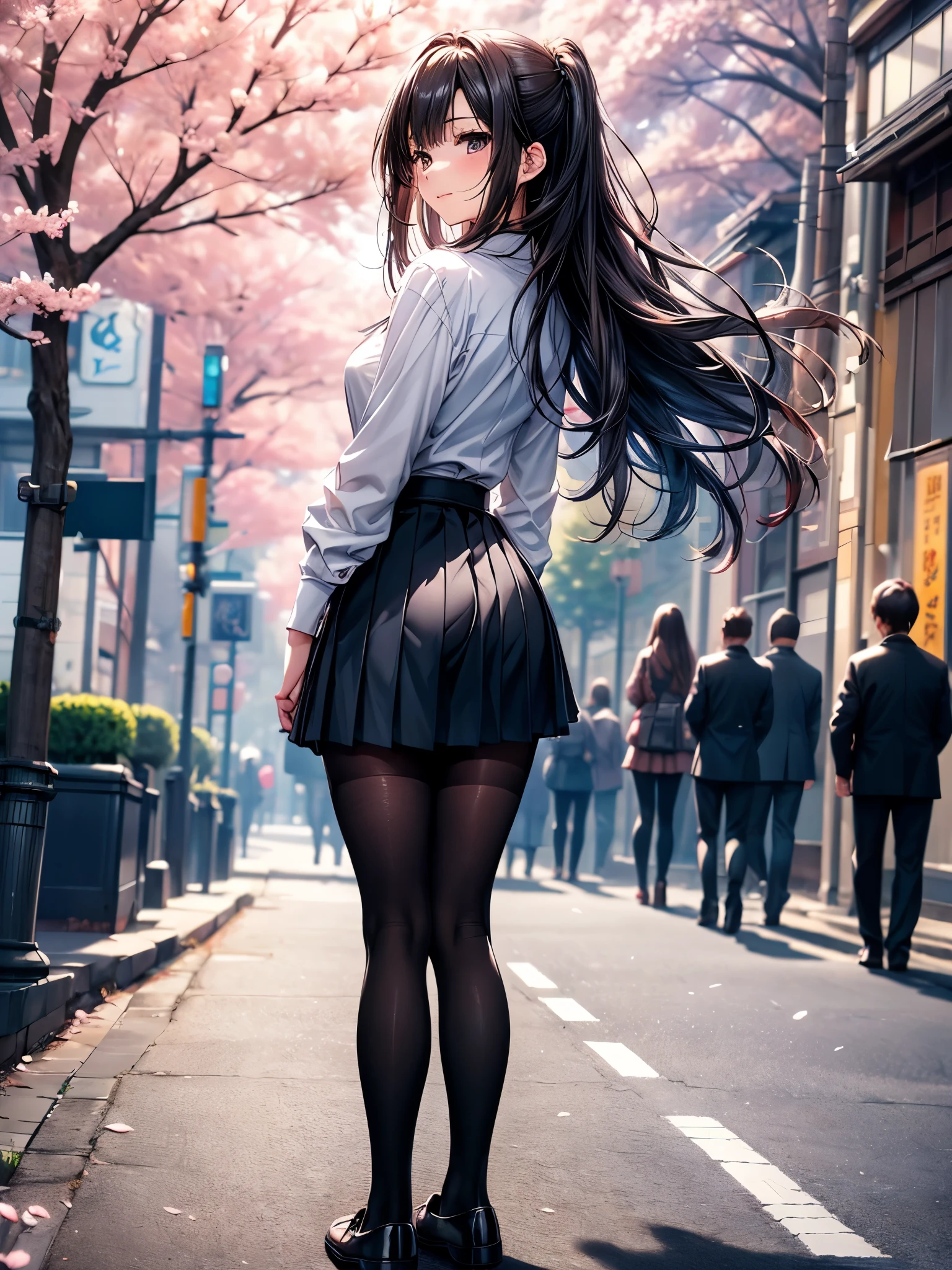 ((Ultra-delicate)), ((Ultra-detail)),(Be focused), (high resolution), Deformed depth of field blurred background, (Detailed background), Perfect layer cut, (full-body shot), rear View, a girl, one person, ((Japanese student)), slim figure, smooth skin, black long hair, slim legs, beautiful fingers, School uniform, white shirt, Black pleated student skirt, dark stockings, Dark student shoes, Background japan city, on street, outdoor , spring, morning, Cherry blossoms, flying Cherry blossoms, CG unity, 8k, Octane Render,