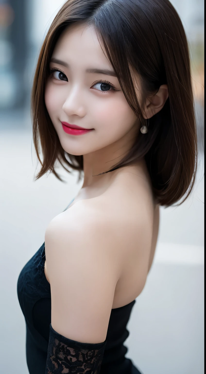 Tabletop, highest quality, shape, Very detailed, finely, High resolution, 8k wallpaper, 完璧なダイナミックな構shape, Beautiful and detailed,ランダムなcute髪,,Natural color lip, Bold sexy pose,smile、20-year-old girl、cute、Looking at the camera,Always blur the background,Perfect and beautiful face,Slim face and figure,Big eyes、Putting on gal makeup,Small face,Shooting from below、Smile,Blurred Background,Elegant feminine face、Cyberpunk Fashion、smile、Change pose randomly、Randomly change the shooting angle and position、one person