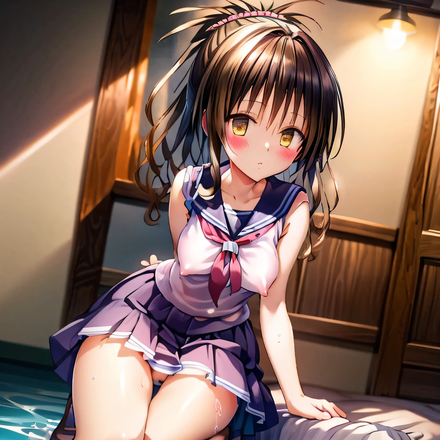 realistically, brown eyes, ponytail, glowing eyes, white short skirt, extra short skirt, Blush, daytime, Wet from the rain, see through, sleeveless shirt, nipples, pussy, crotch, embarrass, Sit with your knees raised, windy, yuki mikan, the skirt is turned up, highest quality, High resolution, highly detailed face, perfect lighting, Very detailed CG, perfect hands, perfect anatomy, hand pulled skirt up,