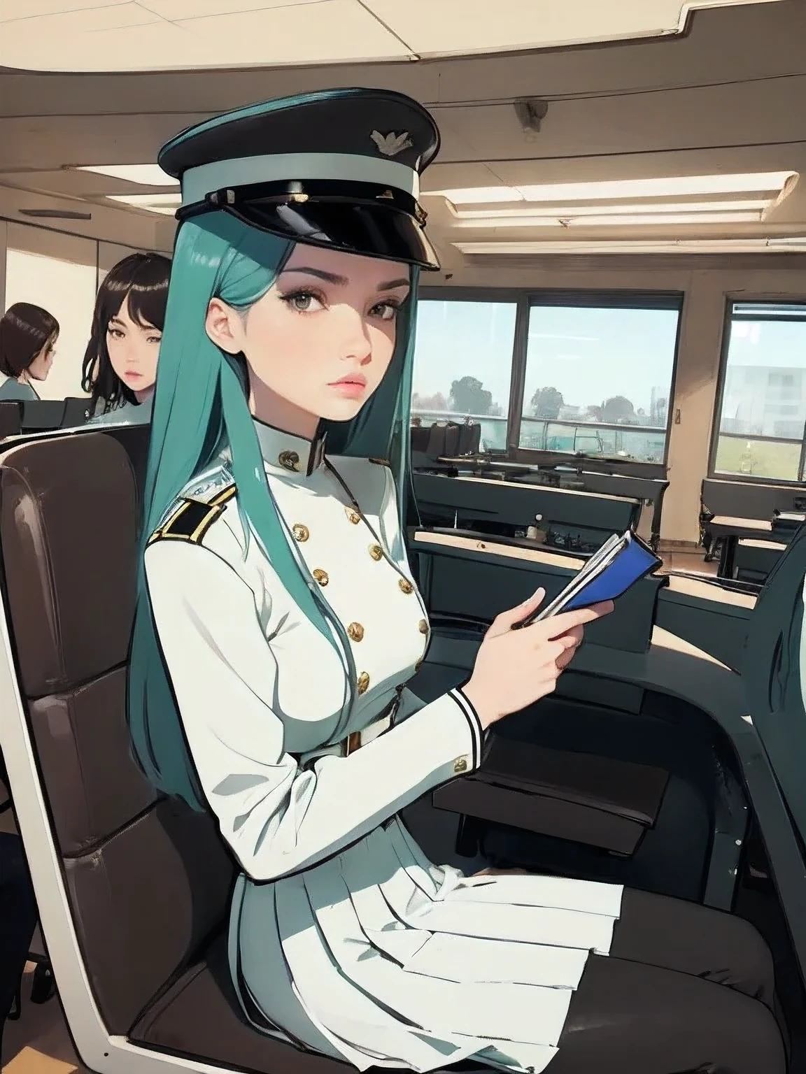 superflat, flat shading, flat colors, (masterpiece:1.2, best quality), (closeup), (2women:1.4), , slim, (white military outfit), pleated skirt, military hat, space cadet, sitting by desk, in classroom, put head on hand, bored, classmates in background, (spaceship interiors), futuristic, cosmos, watercolor