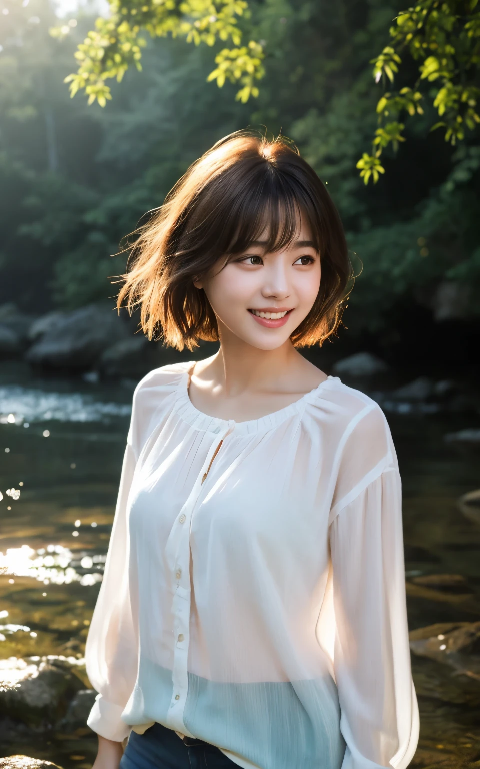 (Realistic:1.4), (Surreal:1.4), (Smooth lighting:1.05), 1 girl, Laugh a little, Pure beauty, 22 years ago, Soft lighting, Backlight, (最high qualityのリアルな肌の質感), Narrow eyes, Very detailedな顔, Glowing Skin, retina, Anatomically correct, Acura, Very detailed, Rough skin, high quality, Advanced Details, 最high quality, High resolution,Morning forest with clear water flowing through it, Short hair swaying in the wind, bangs, blouse