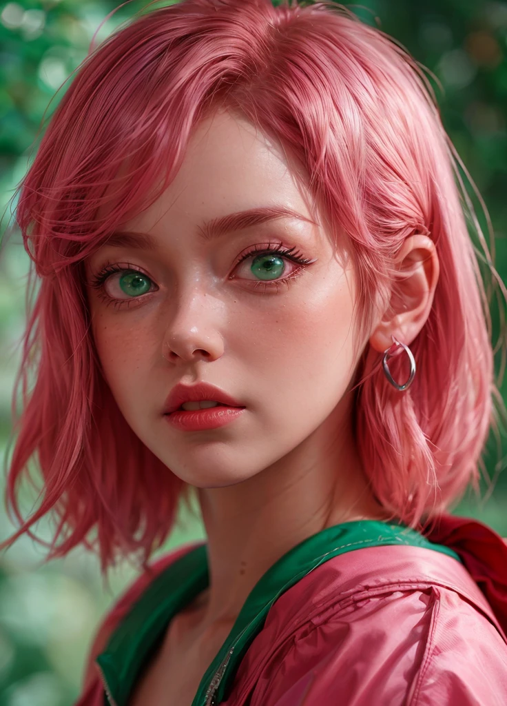 young woman, short shoulder-length pink hair, wide forehead, porcelain skin, pink eyebrows, big emerald green eyes, buttoned nose, full lips, heart-shaped face, slender body, small breasts, red tank top, Sakura Haruno , realistic, realism, details, 3d, well detailed
