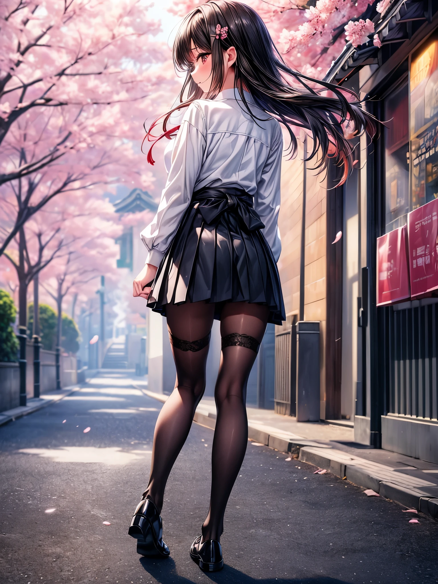 ((Ultra-delicate)), ((Ultra-detail)),(Be focused), (high resolution), Deformed depth of field blurred background, (Detailed background), Perfect layer cut, (full-body shot), rear View, a girl, one person, ((Japanese student)), slim figure, smooth skin, black long hair, slim legs, beautiful fingers, School uniform, white shirt, Black pleated student skirt, dark stockings, Dark student shoes, Background japan city, on street, outdoor , spring, morning, Cherry blossoms, flying Cherry blossoms, CG unity, 8k, Octane Render,