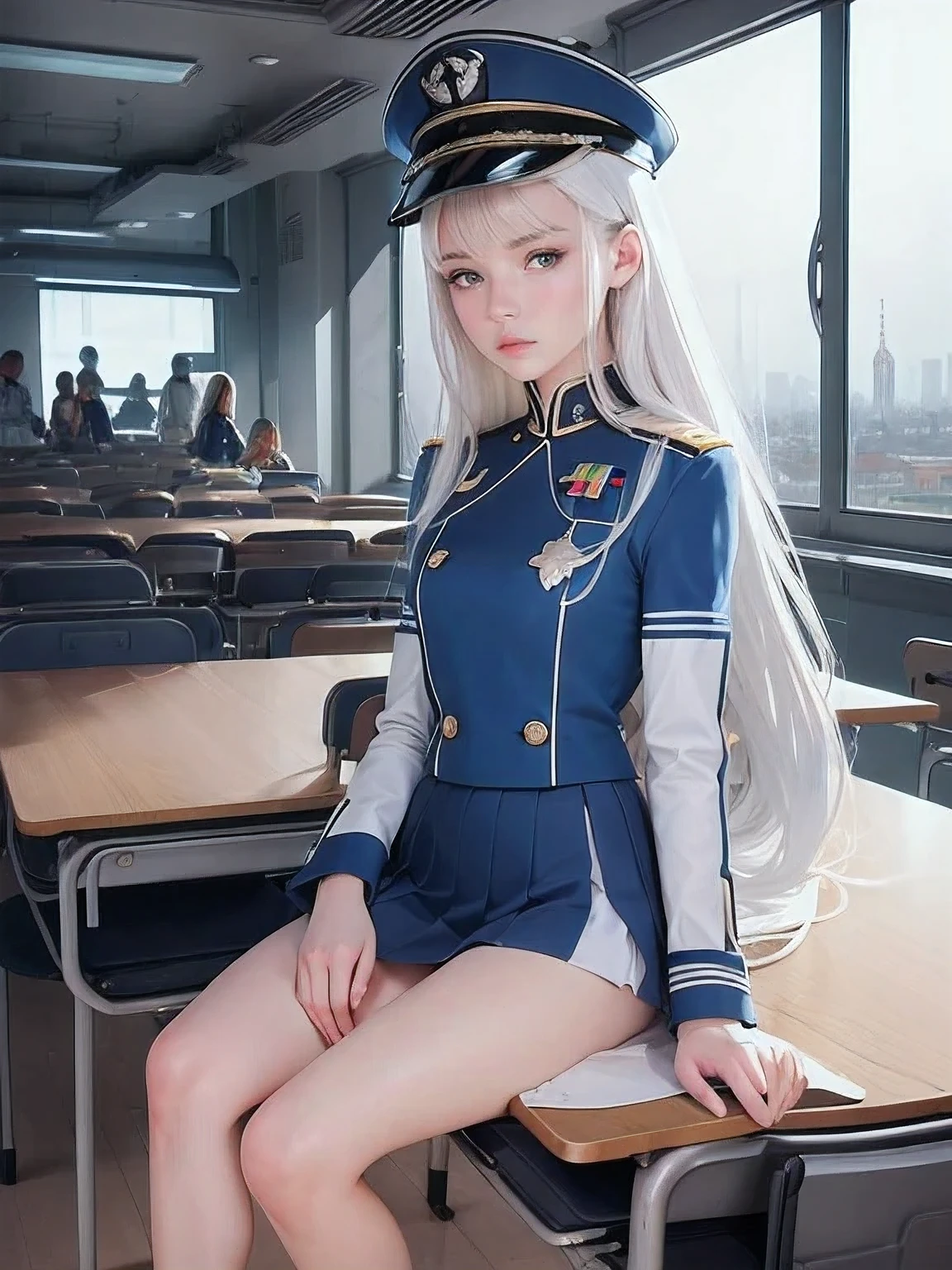 superflat, flat shading, flat colors, (masterpiece:1.2, best quality), (closeup), (2women:1.4), teen, slim, (white military outfit), pleated skirt, military hat, space cadet, sitting by desk, in classroom, put head on hand, bored,  classmates in background, (spaceship interiors), futuristic, cosmos, watercolor