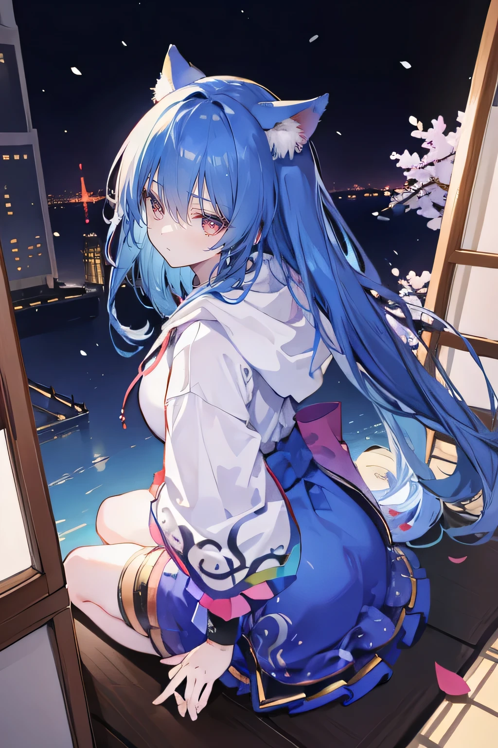 (masterpiece:1.2),Super detailed,lifelike,Expressive eyes,fair skin,perfect face shape,1 girl,
Japanese comics,Gorgeous blue hair,flowing blue hair,flowing clothes,Cat ears,Petals fall,beautiful lola,Baby Angel,
Shaking head with one hand,Cross your legs,Gentle and peaceful background,The pavilion is cool and comfortable,smile, wearing hoodie, background of tokyo,back views,snowing, winter.