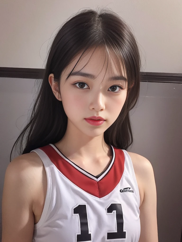 1girl in,basketball,Red uniform, Black_Eyes, Number 10, ball, Jersey, s lips, Shoulder-length hair realistic, solo,Basket Goal、