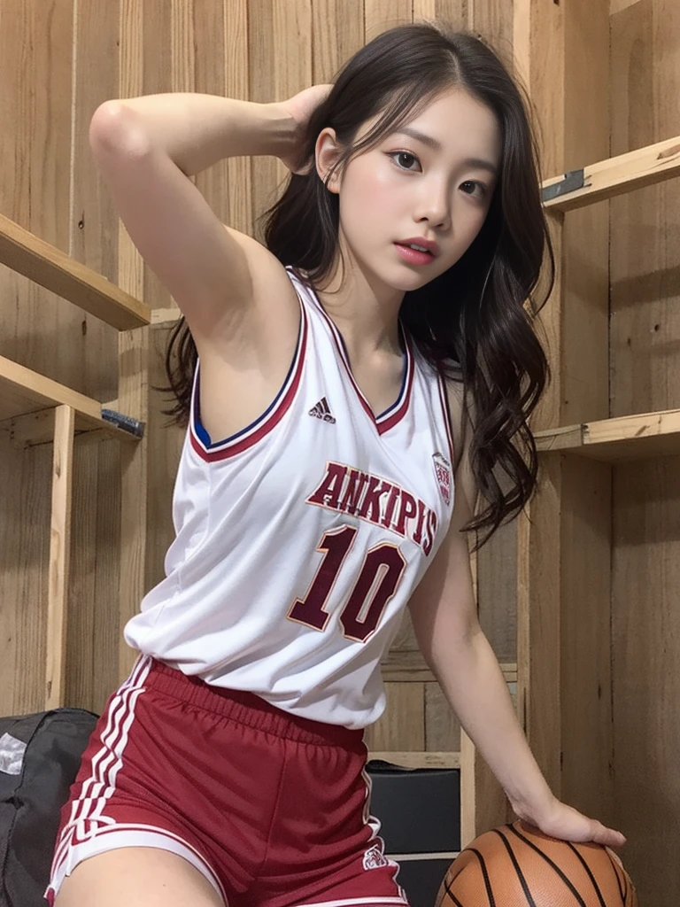 1girl in,basketball,Red uniform, Black_Eyes, Number 10, ball, Jersey, s lips, Shoulder-length hair realistic, solo,Basket Goal、